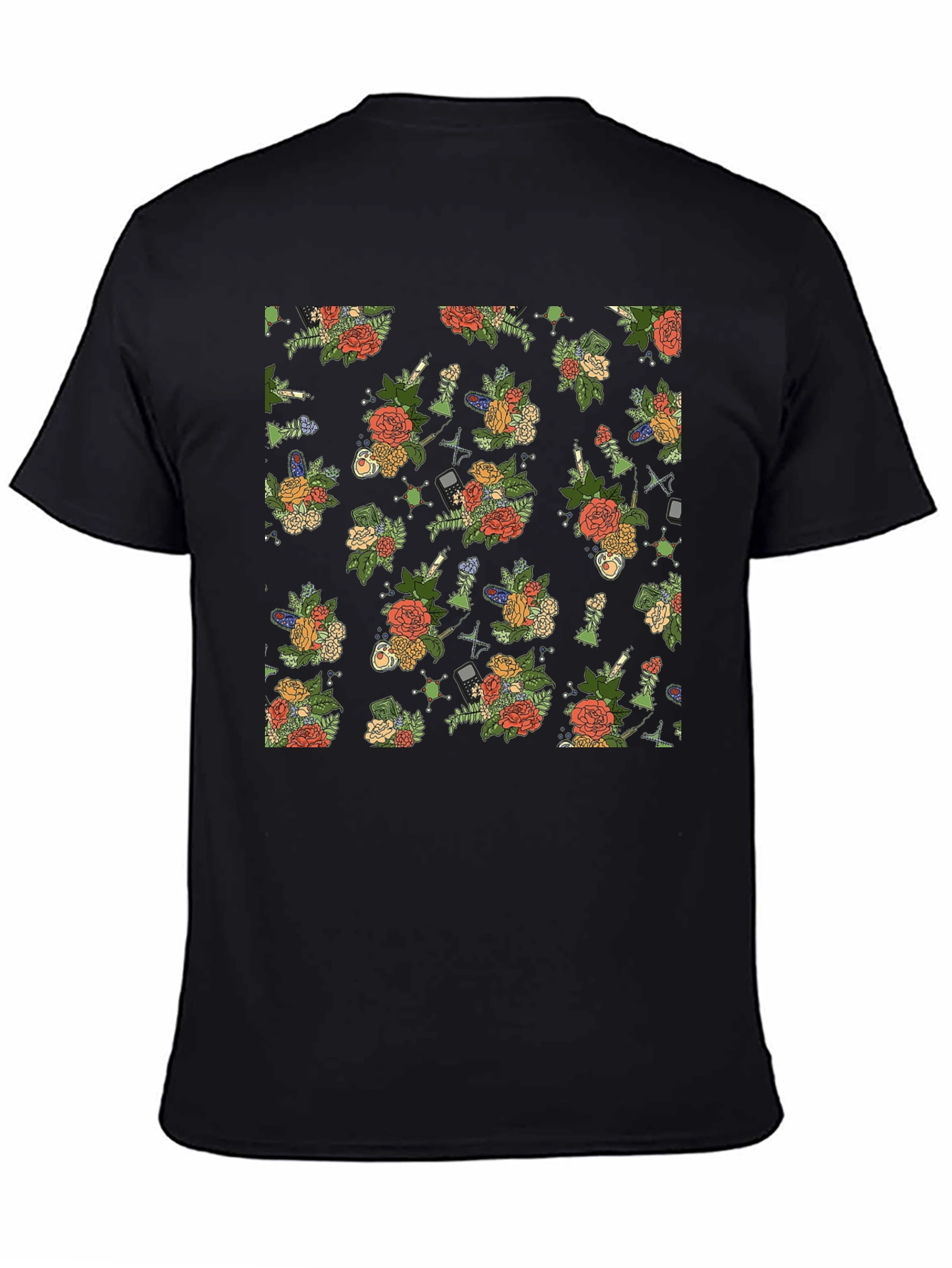 Floral & Tech Patterned Black T-Shirt