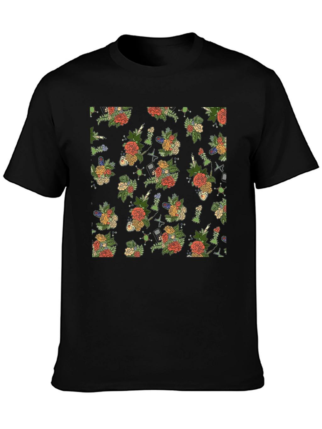 Floral & Tech Patterned Black T-Shirt
