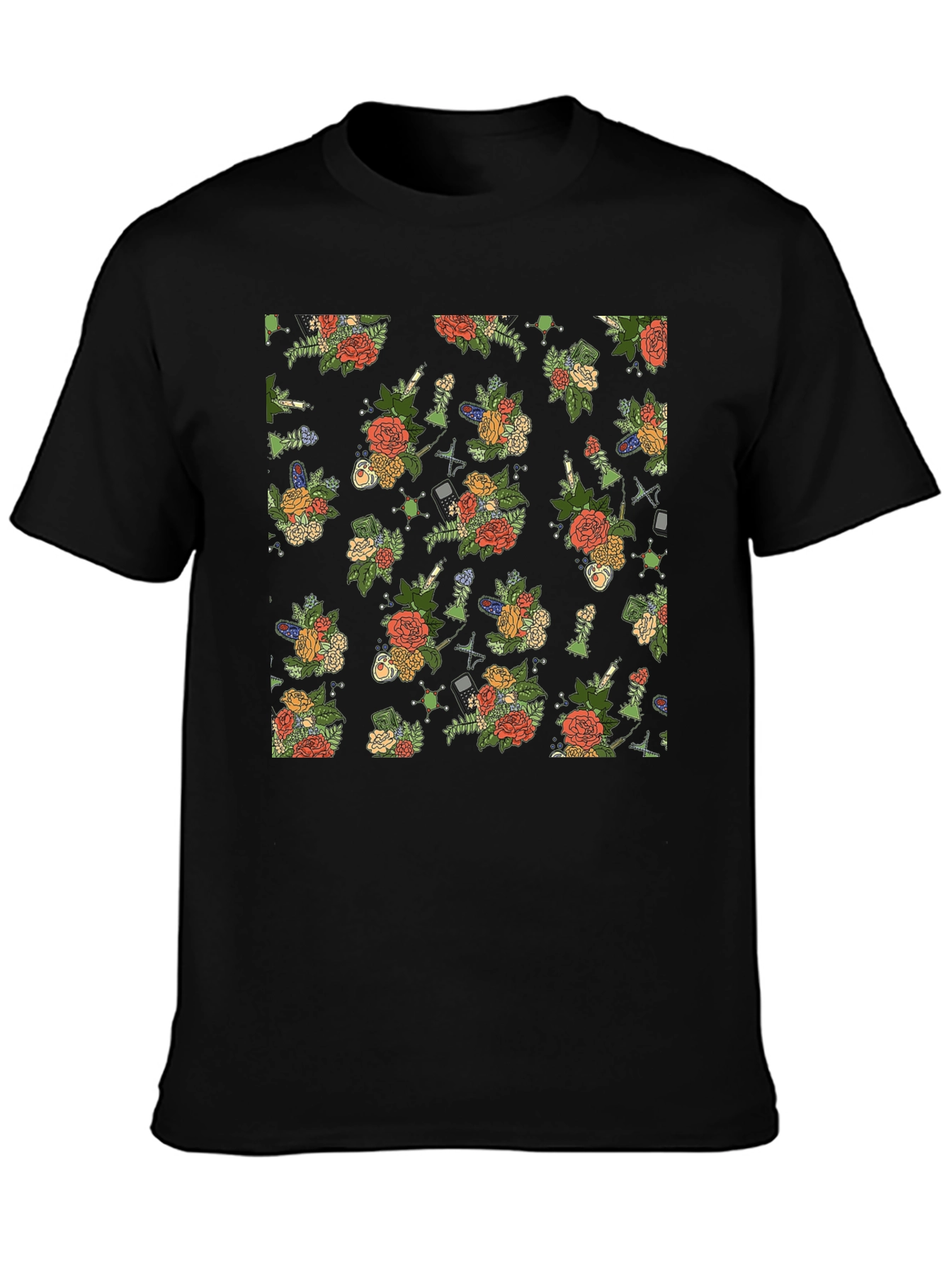 Floral & Tech Patterned Black T-Shirt