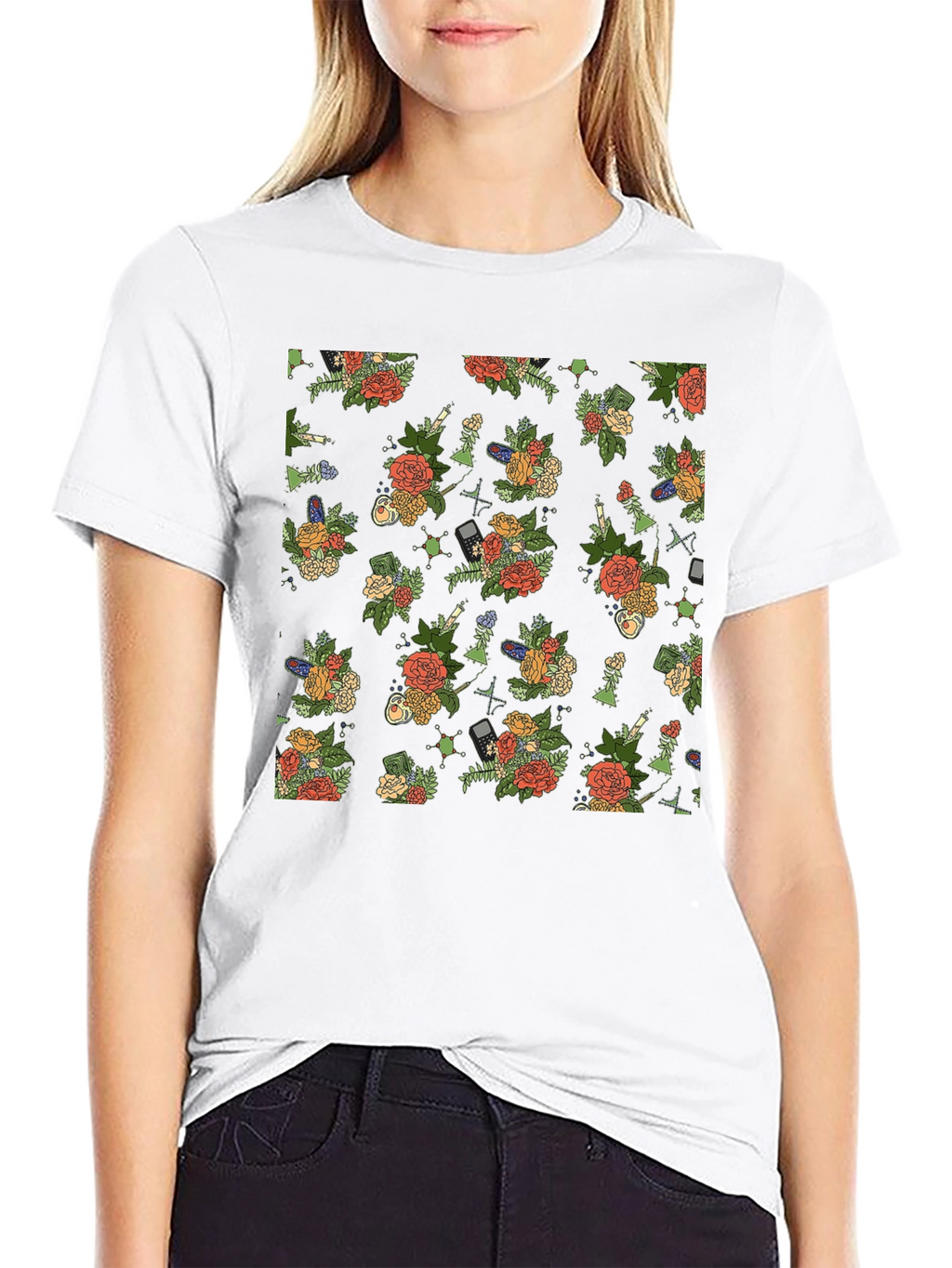 Floral & Tech Patterned Black T-Shirt
