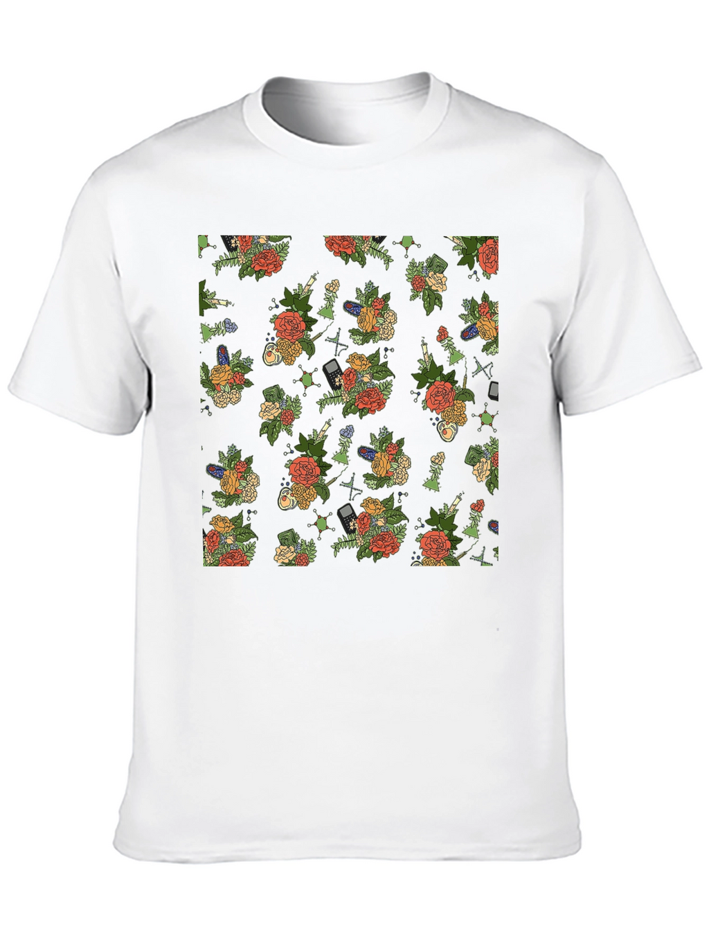 Floral & Tech Patterned Black T-Shirt