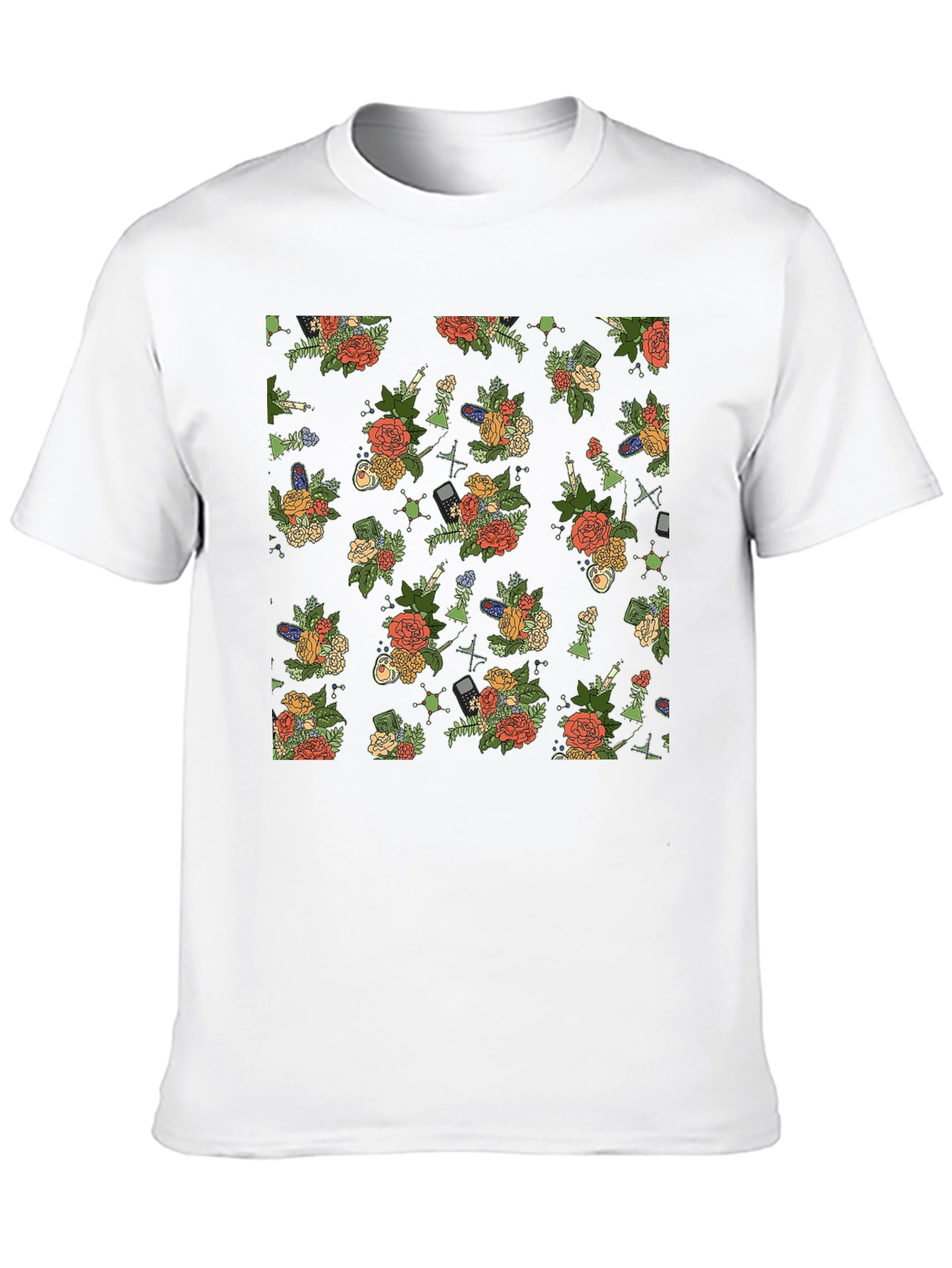 Floral & Tech Patterned Black T-Shirt