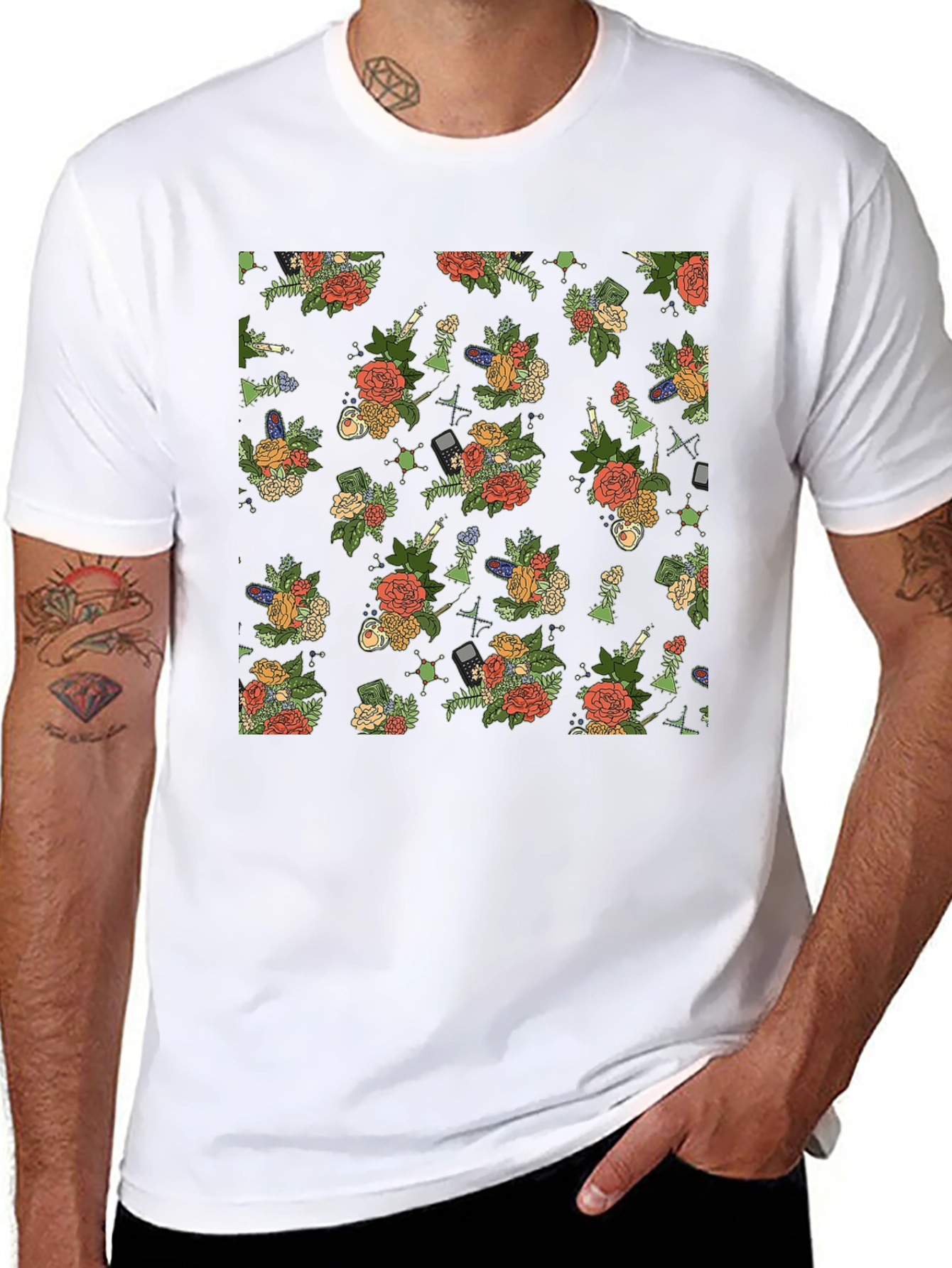 Floral & Tech Patterned Black T-Shirt