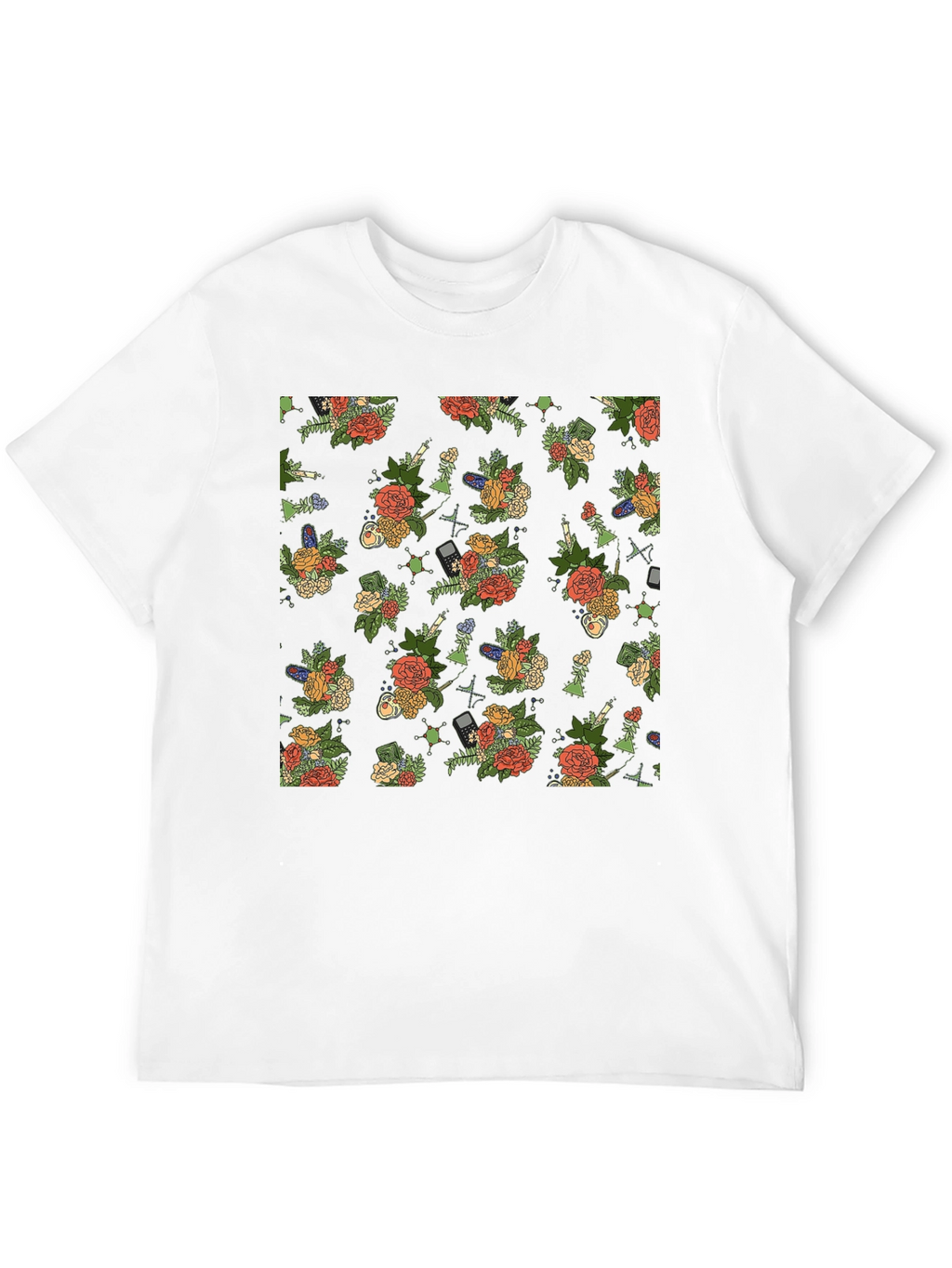 Floral & Tech Patterned Black T-Shirt
