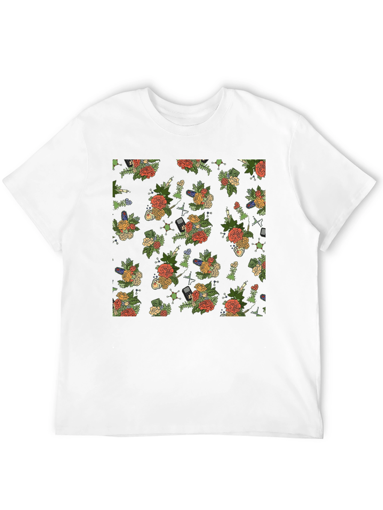 Floral & Tech Patterned Black T-Shirt