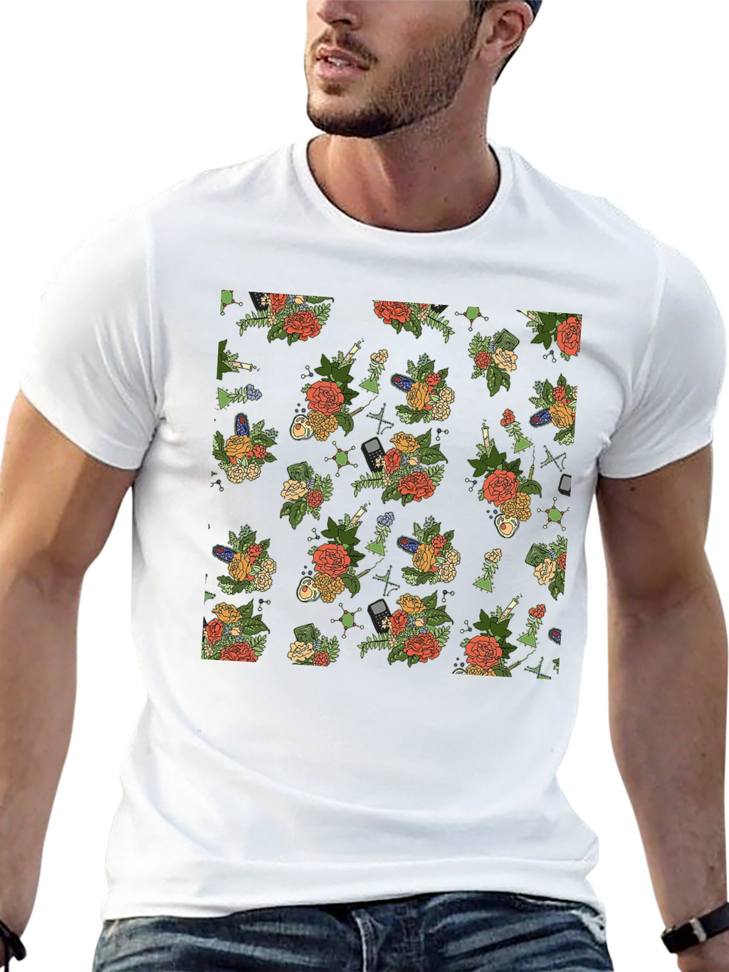 Floral & Tech Patterned Black T-Shirt