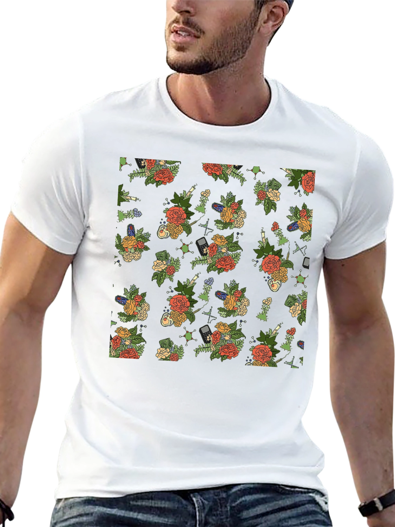 Floral & Tech Patterned Black T-Shirt