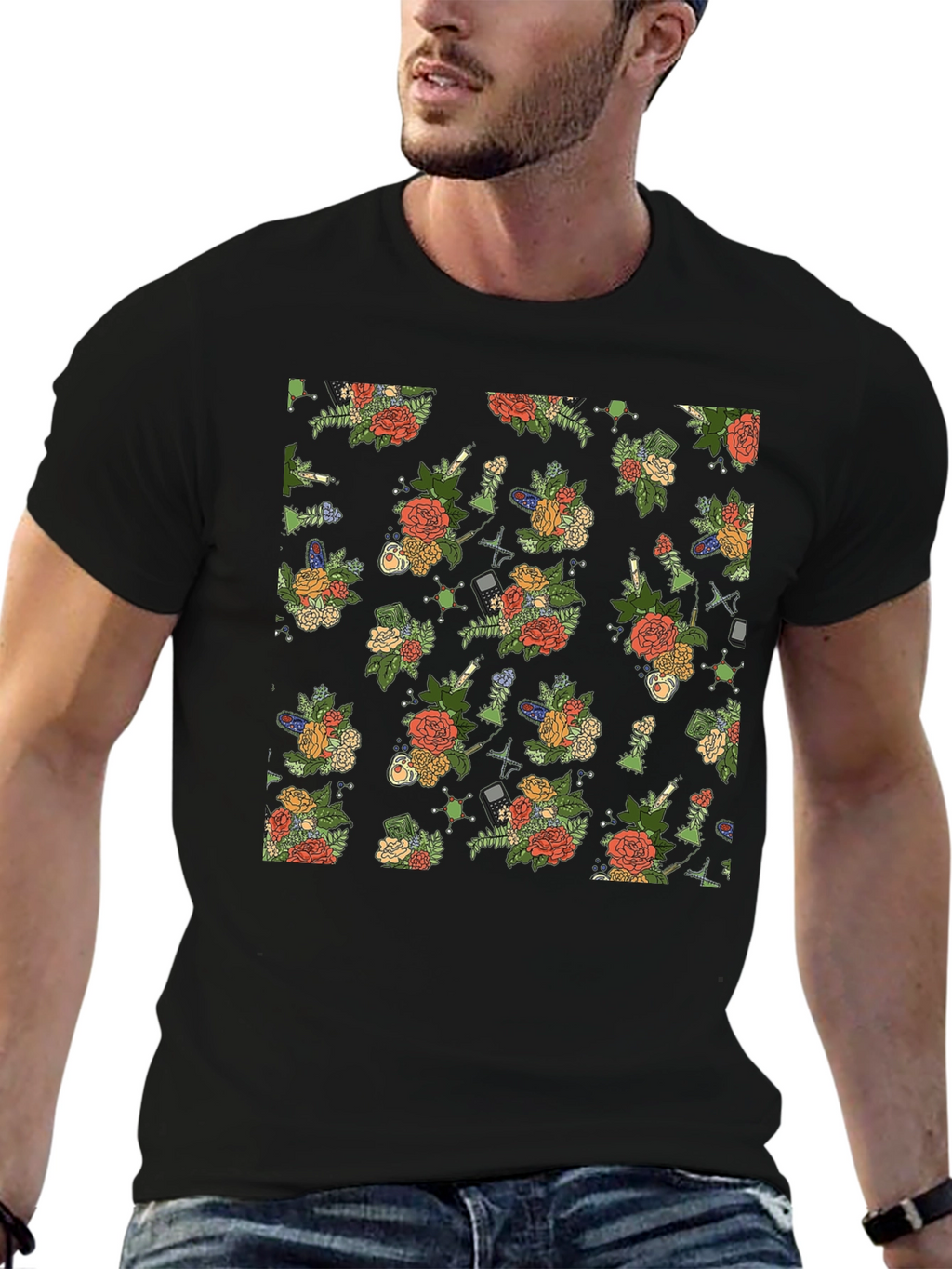 Floral & Tech Patterned Black T-Shirt