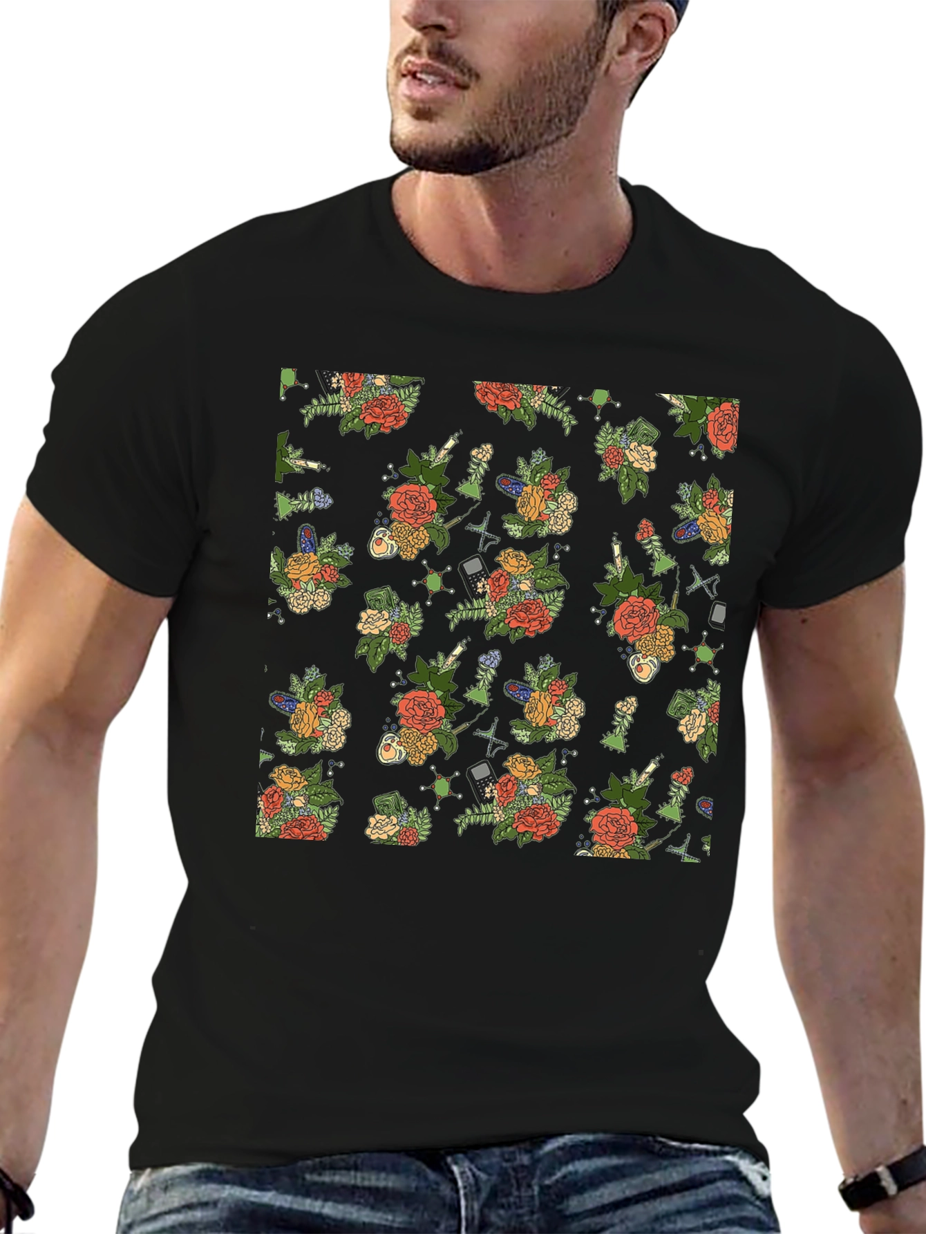 Floral & Tech Patterned Black T-Shirt