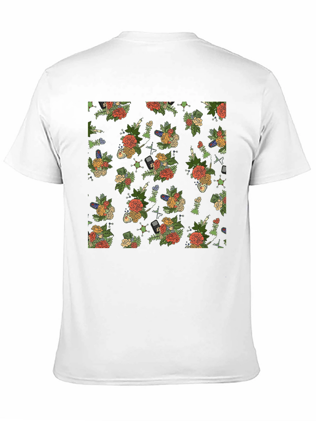 Floral & Tech Patterned Black T-Shirt