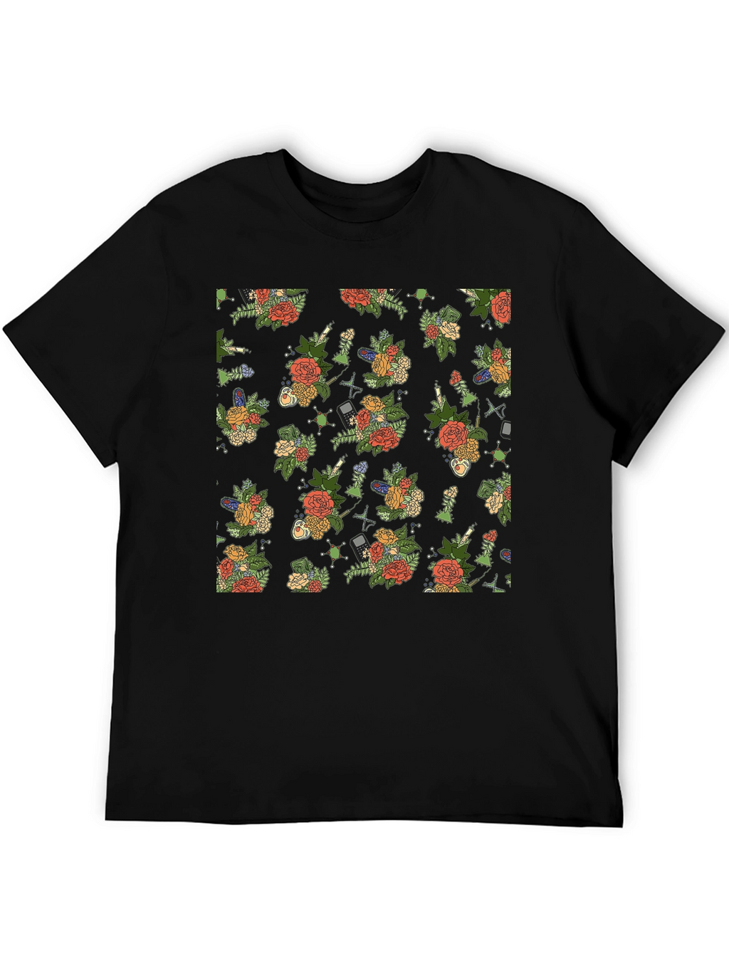 Floral & Tech Patterned Black T-Shirt