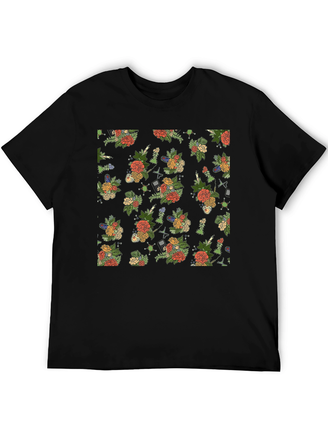 Floral & Tech Patterned Black T-Shirt