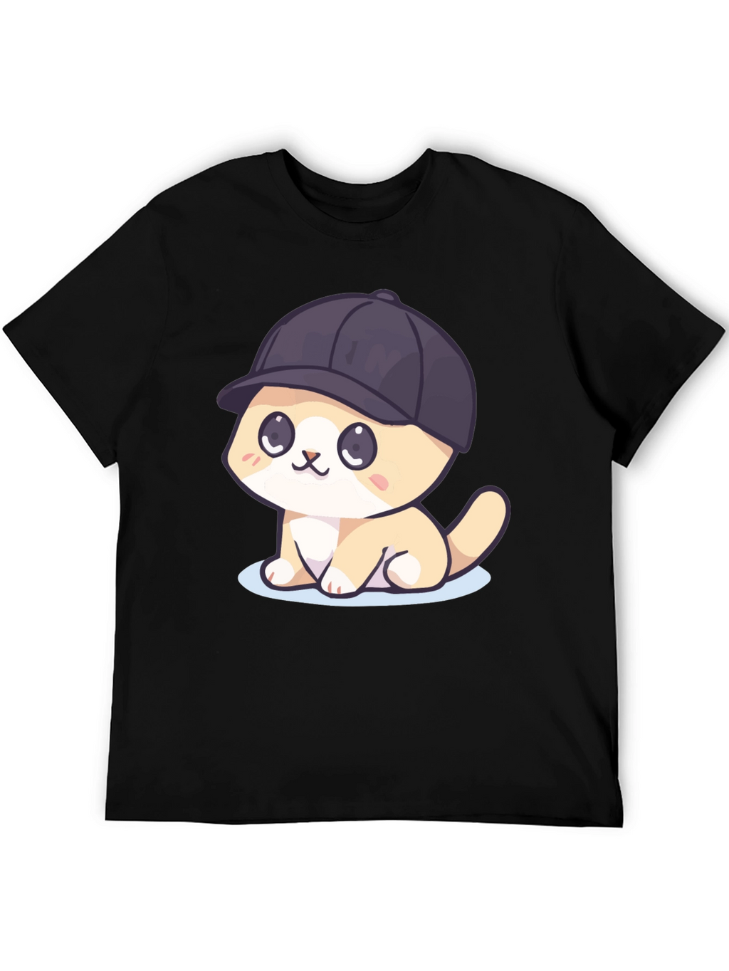 Cute Cartoon Cat in Hat Black T-Shirt