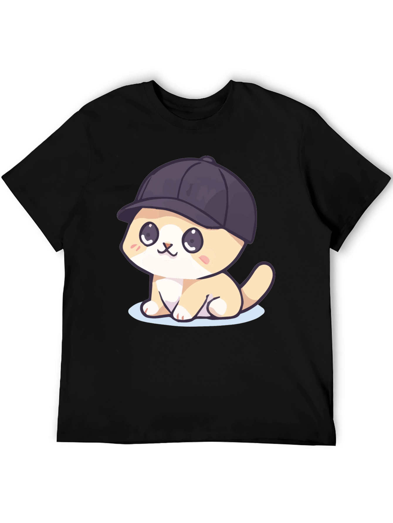 Cute Cartoon Cat in Hat Black T-Shirt