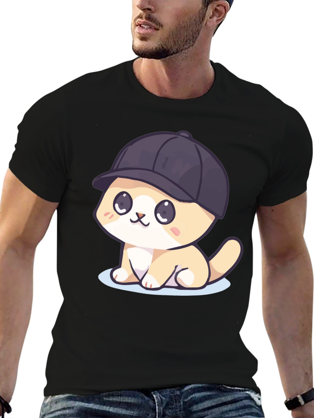 Cute Cartoon Cat in Hat Black T-Shirt