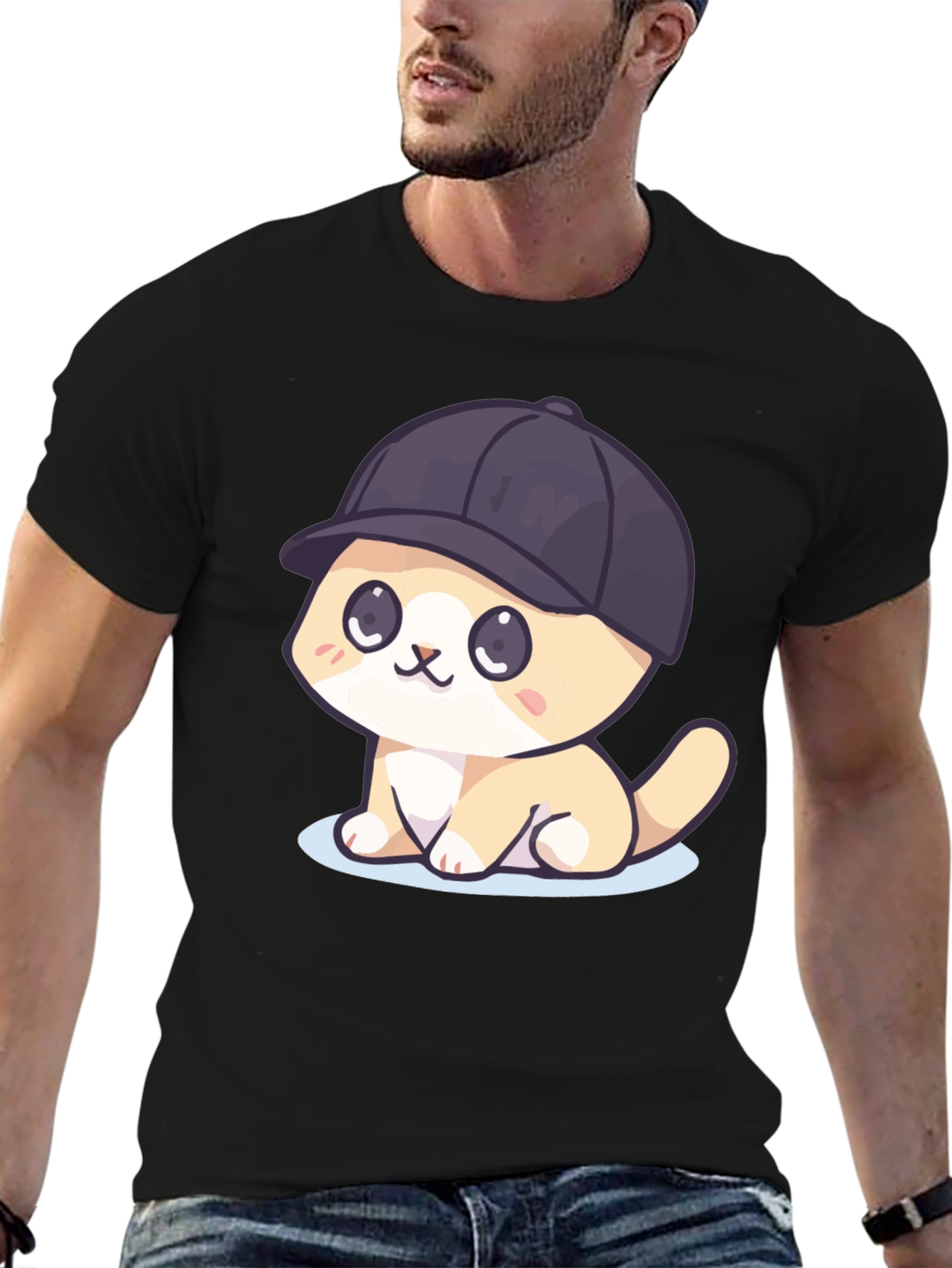 Cute Cartoon Cat in Hat Black T-Shirt