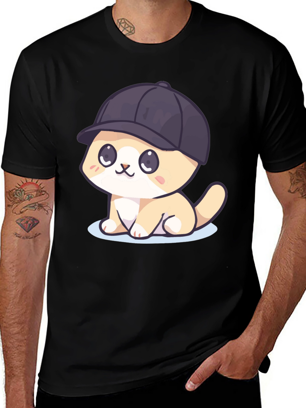 Cute Cartoon Cat in Hat Black T-Shirt
