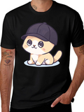 Cute Cartoon Cat in Hat Black T-Shirt