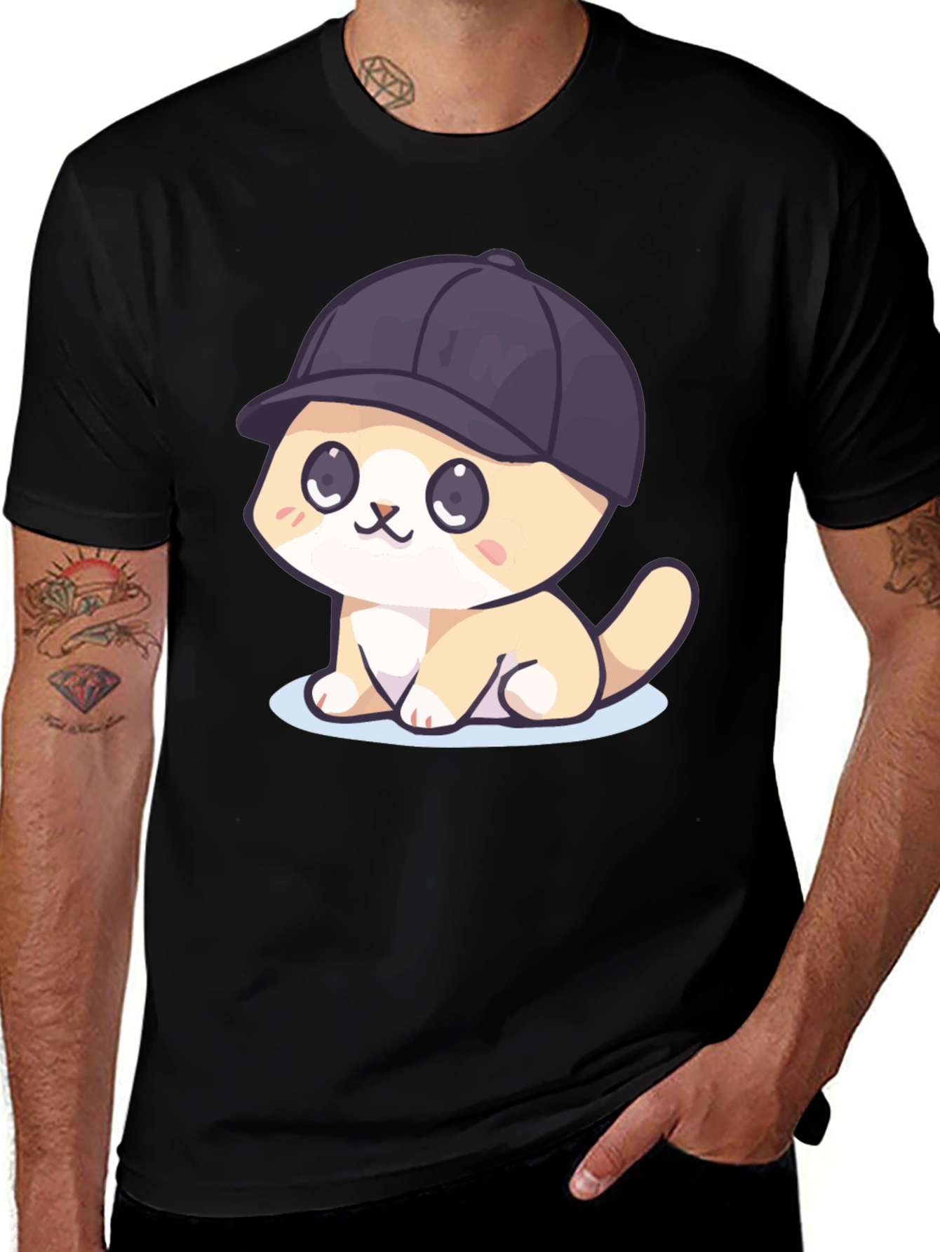 Cute Cartoon Cat in Hat Black T-Shirt