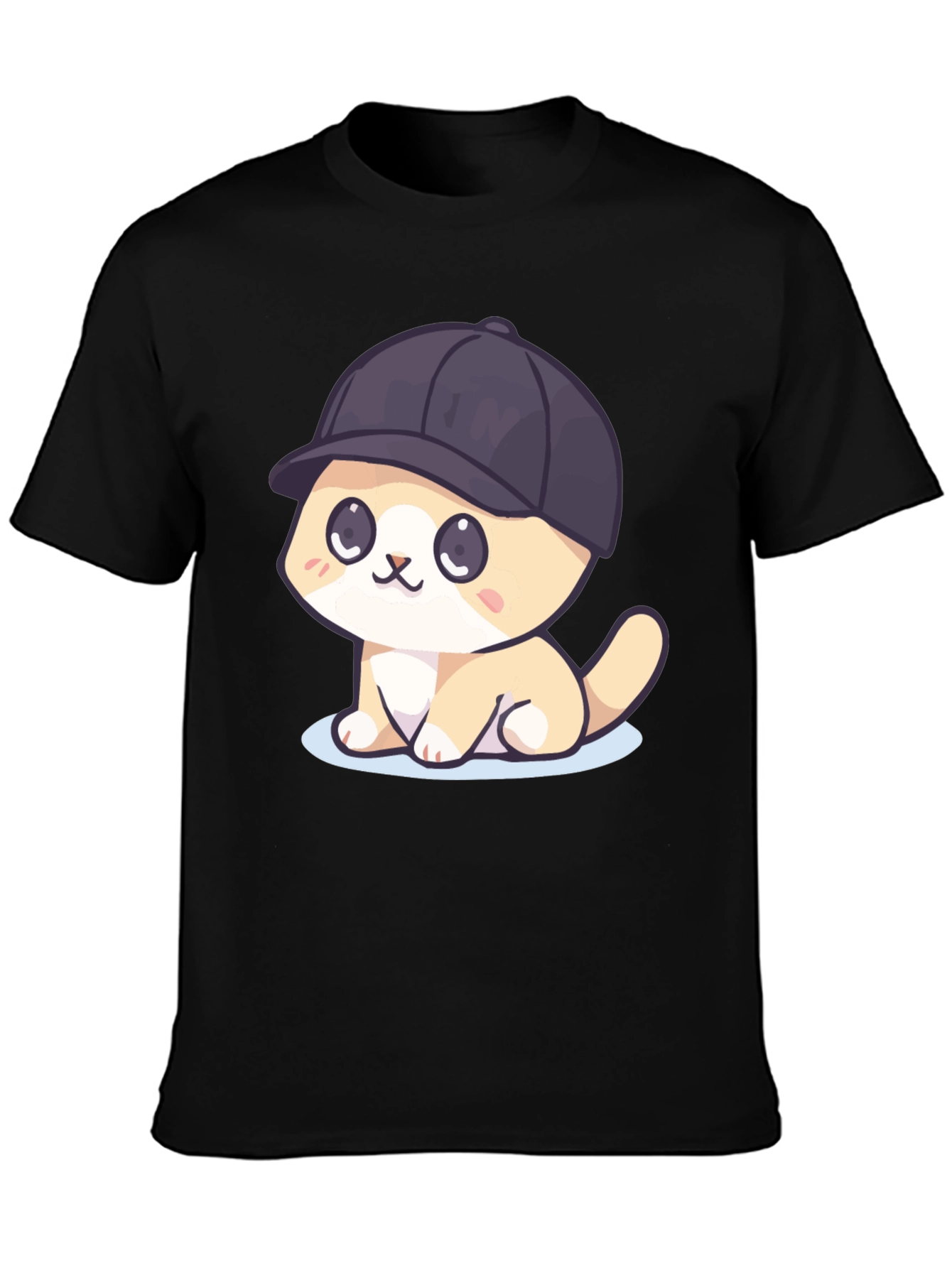 Cute Cartoon Cat in Hat Black T-Shirt