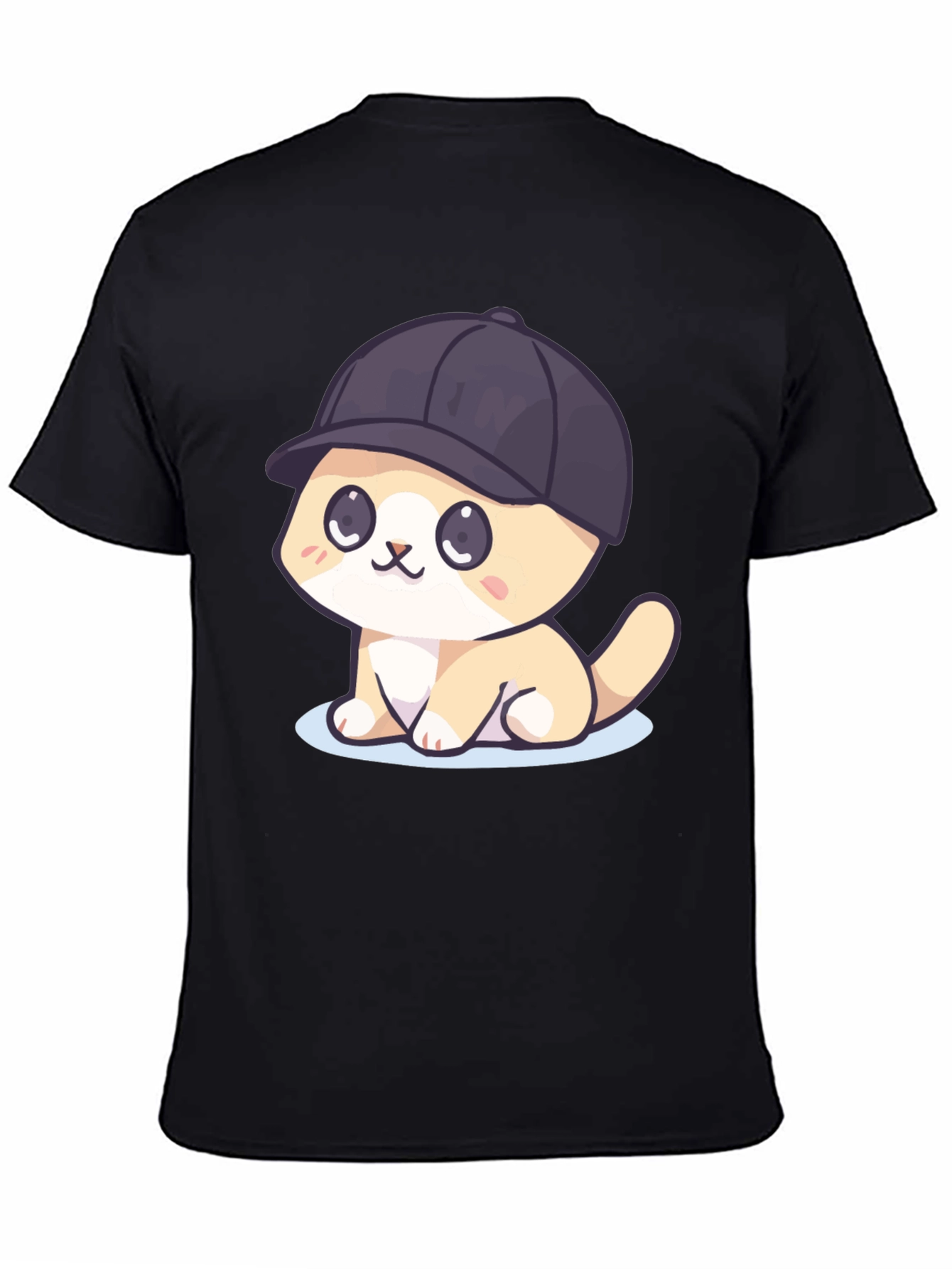Cute Cartoon Cat in Hat Black T-Shirt
