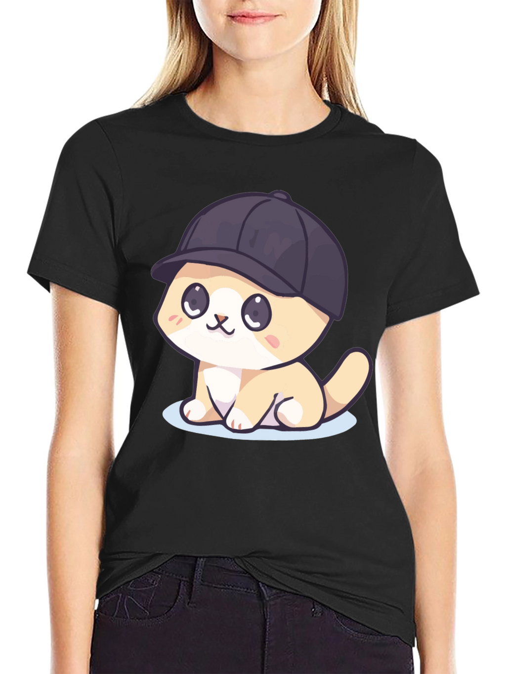 Cute Cartoon Cat in Hat Black T-Shirt