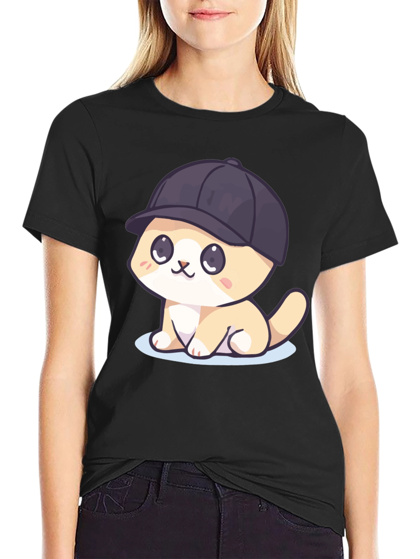 Cute Cartoon Cat in Hat Black T-Shirt