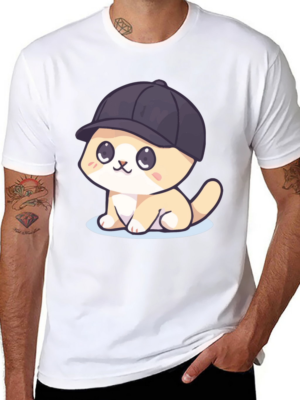Cute Cartoon Cat in Hat Black T-Shirt