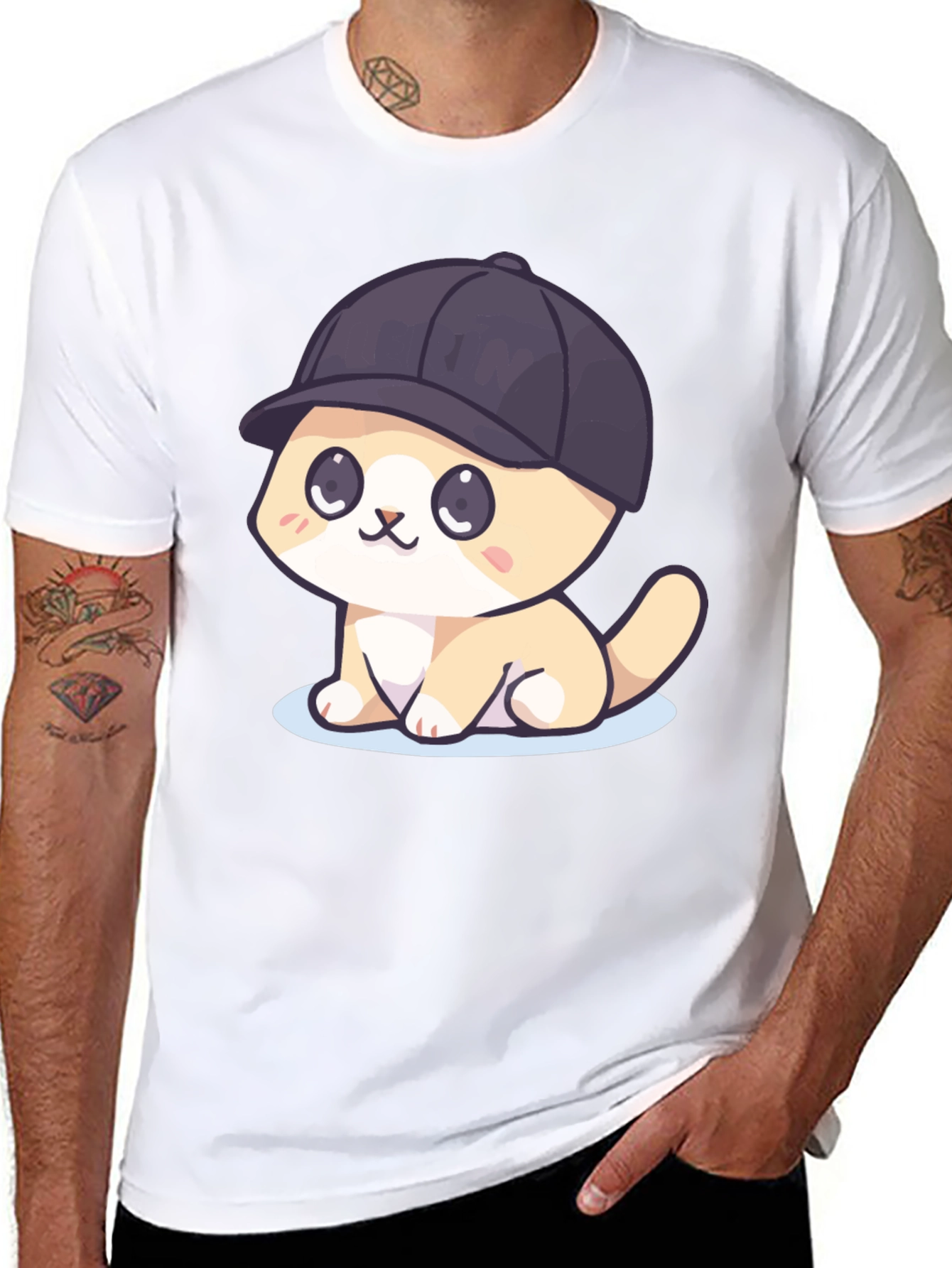 Cute Cartoon Cat in Hat Black T-Shirt