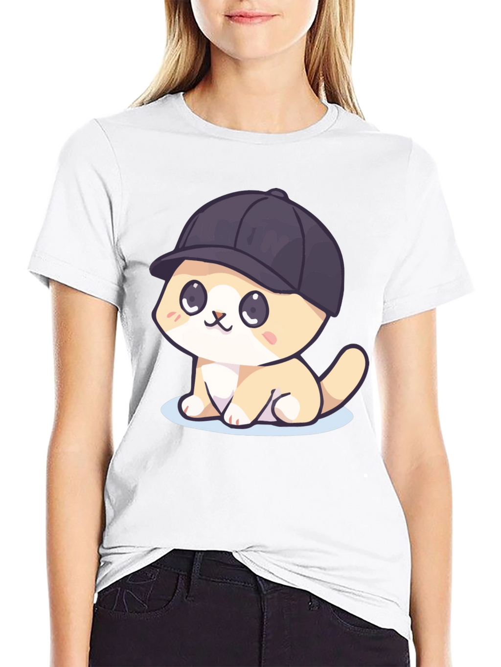Cute Cartoon Cat in Hat Black T-Shirt