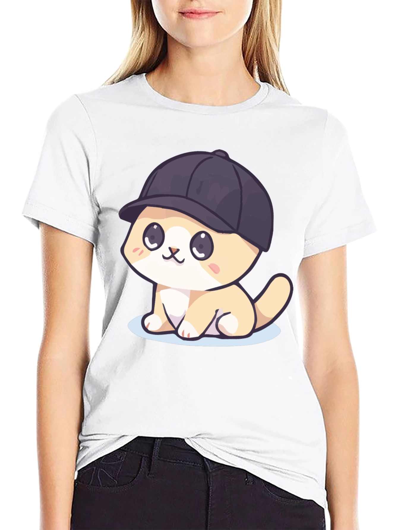Cute Cartoon Cat in Hat Black T-Shirt