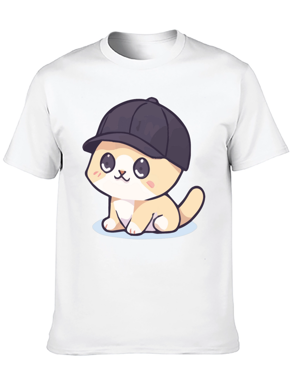 Cute Cartoon Cat in Hat Black T-Shirt