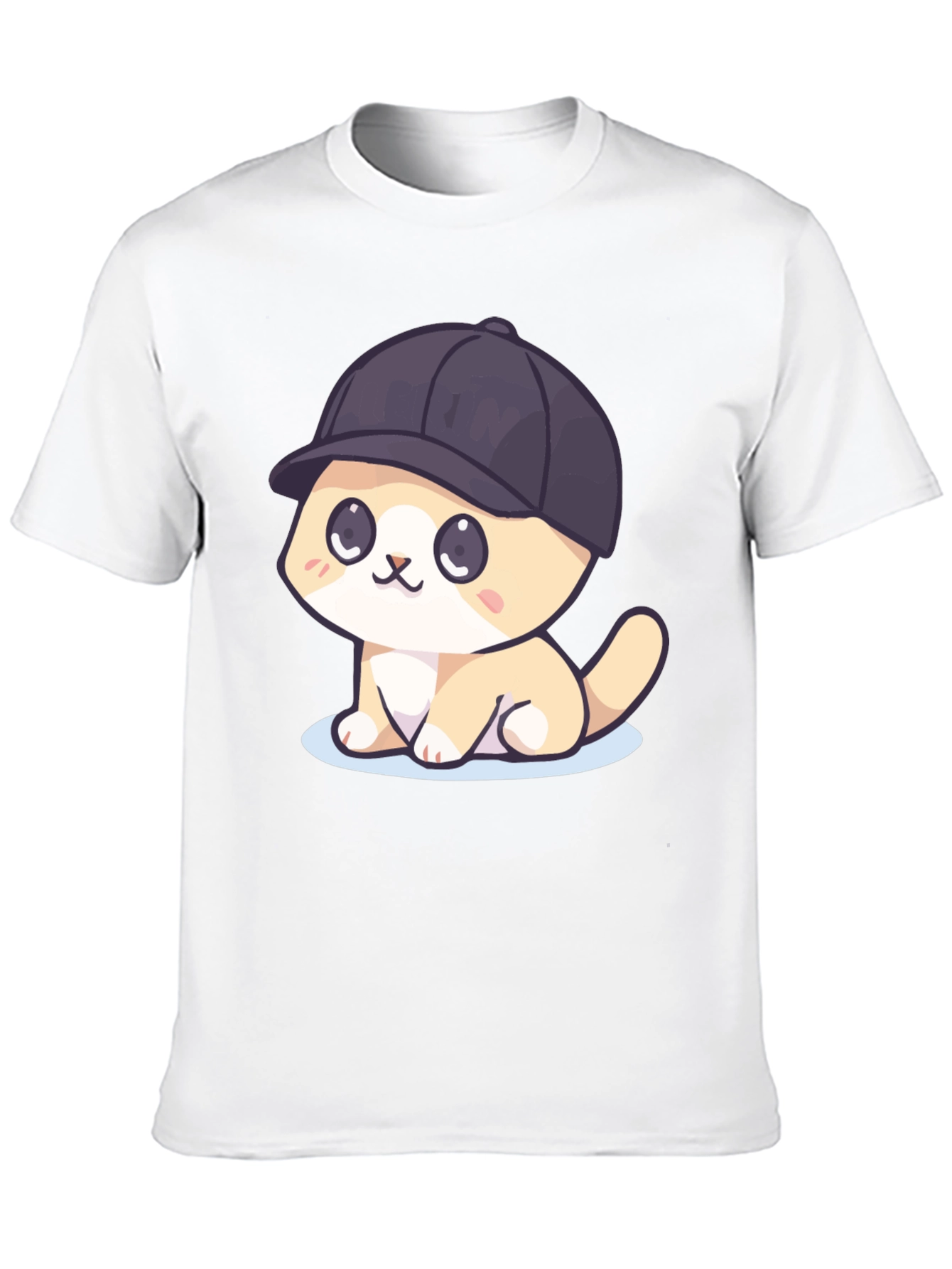 Cute Cartoon Cat in Hat Black T-Shirt