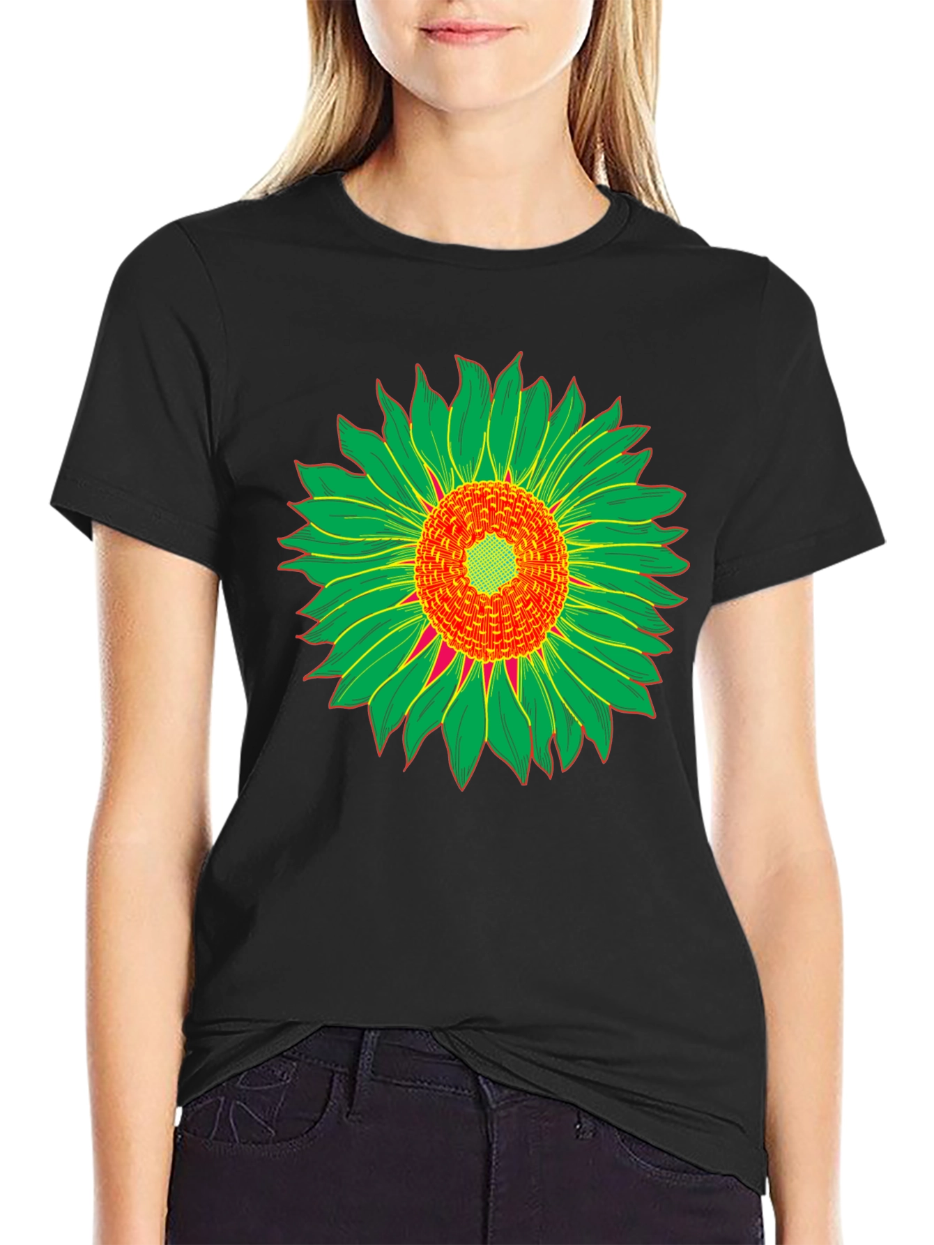 Black T-Shirt with Sunflower Graphic Print