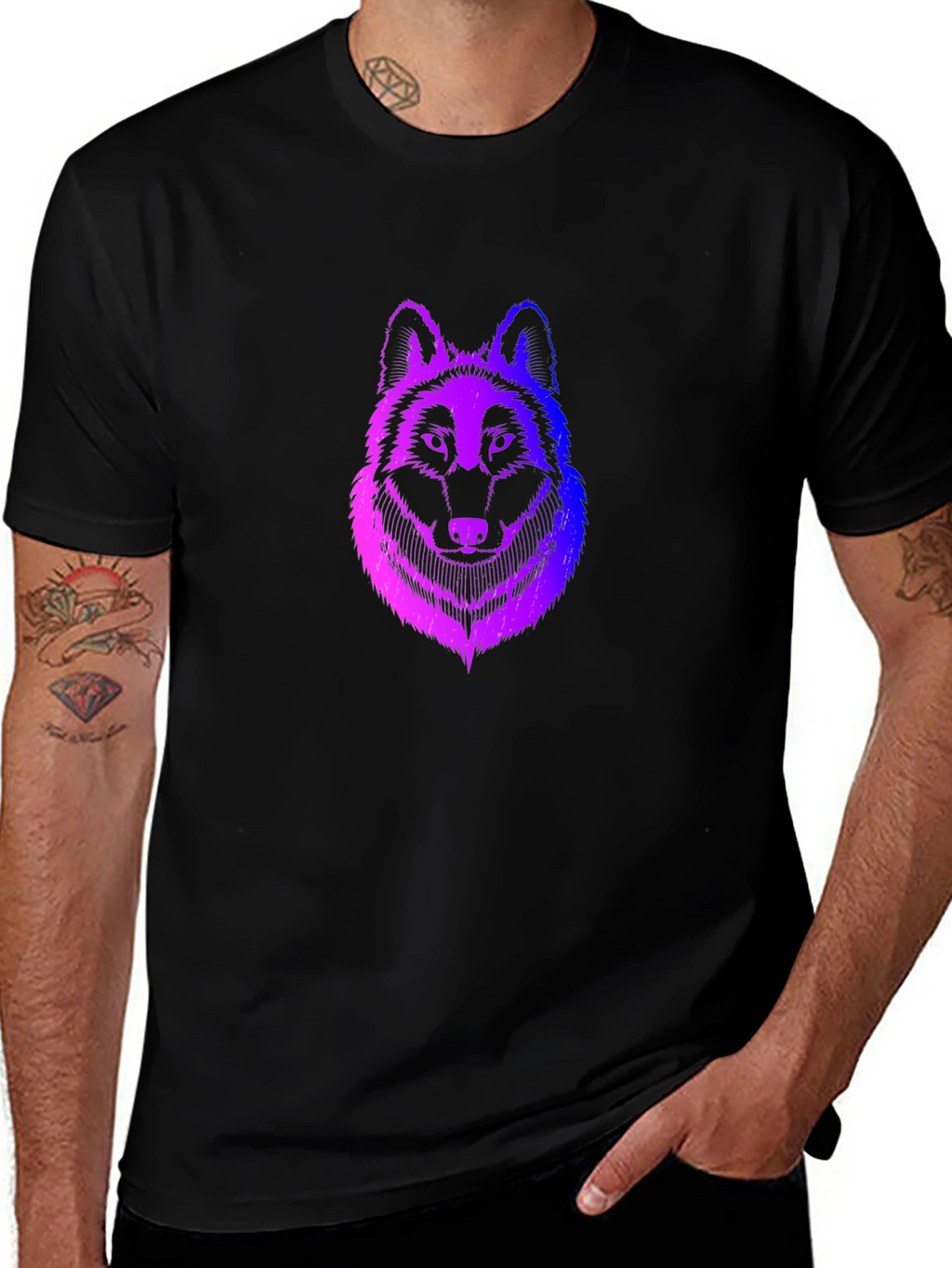 Mens Black T-Shirt with Gradient Wolf Design