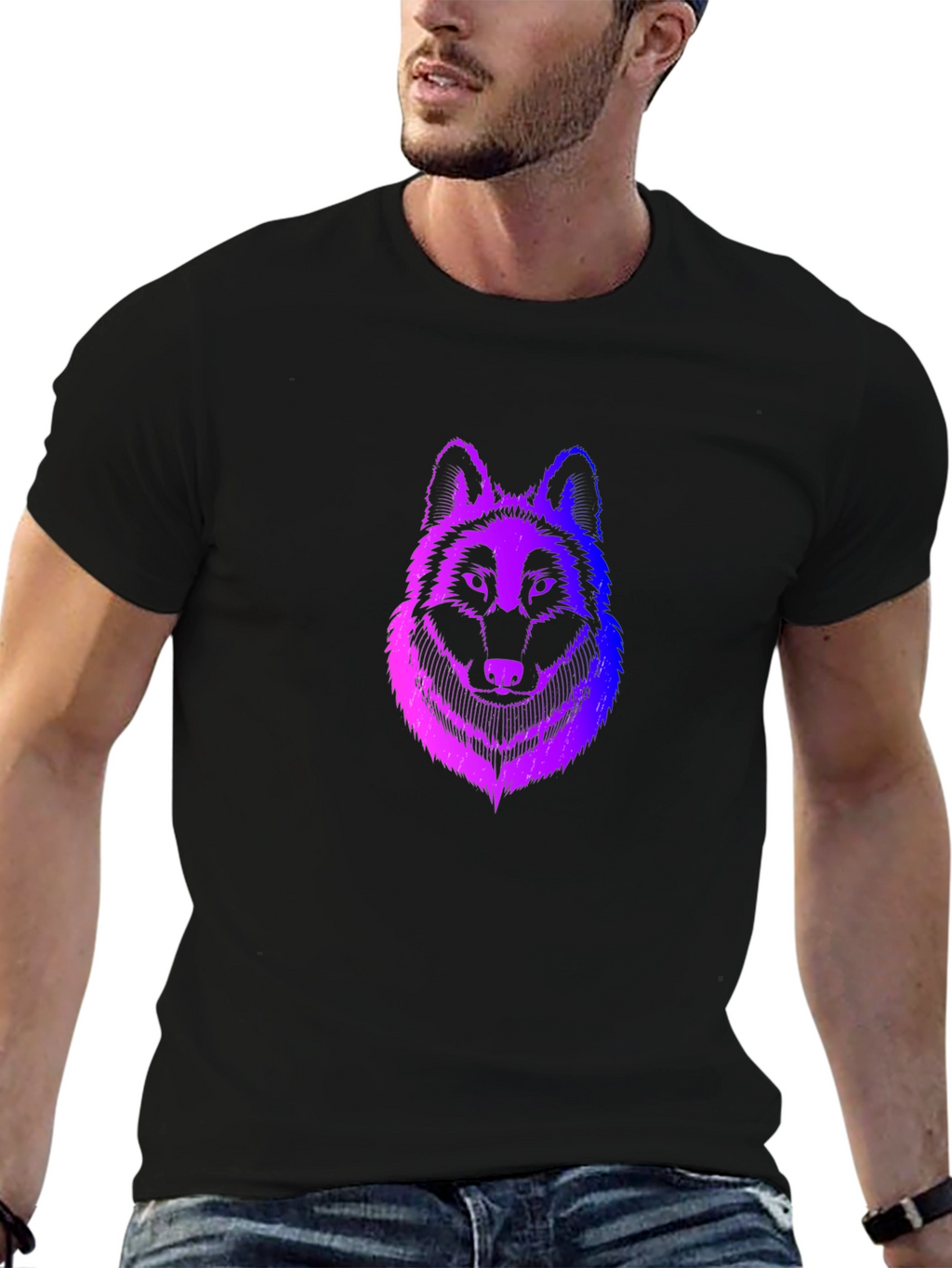 Mens Black T-Shirt with Gradient Wolf Design