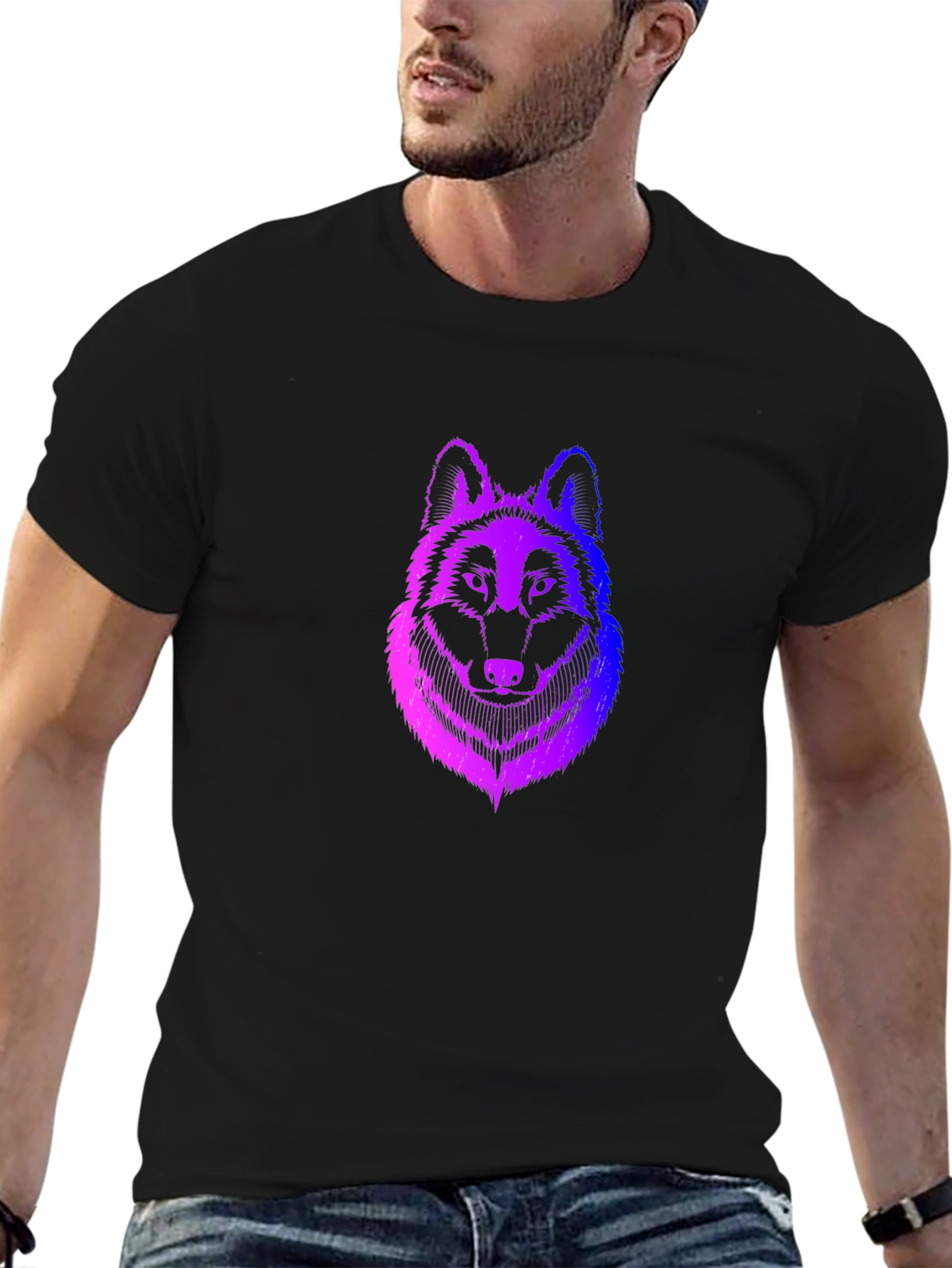 Mens Black T-Shirt with Gradient Wolf Design