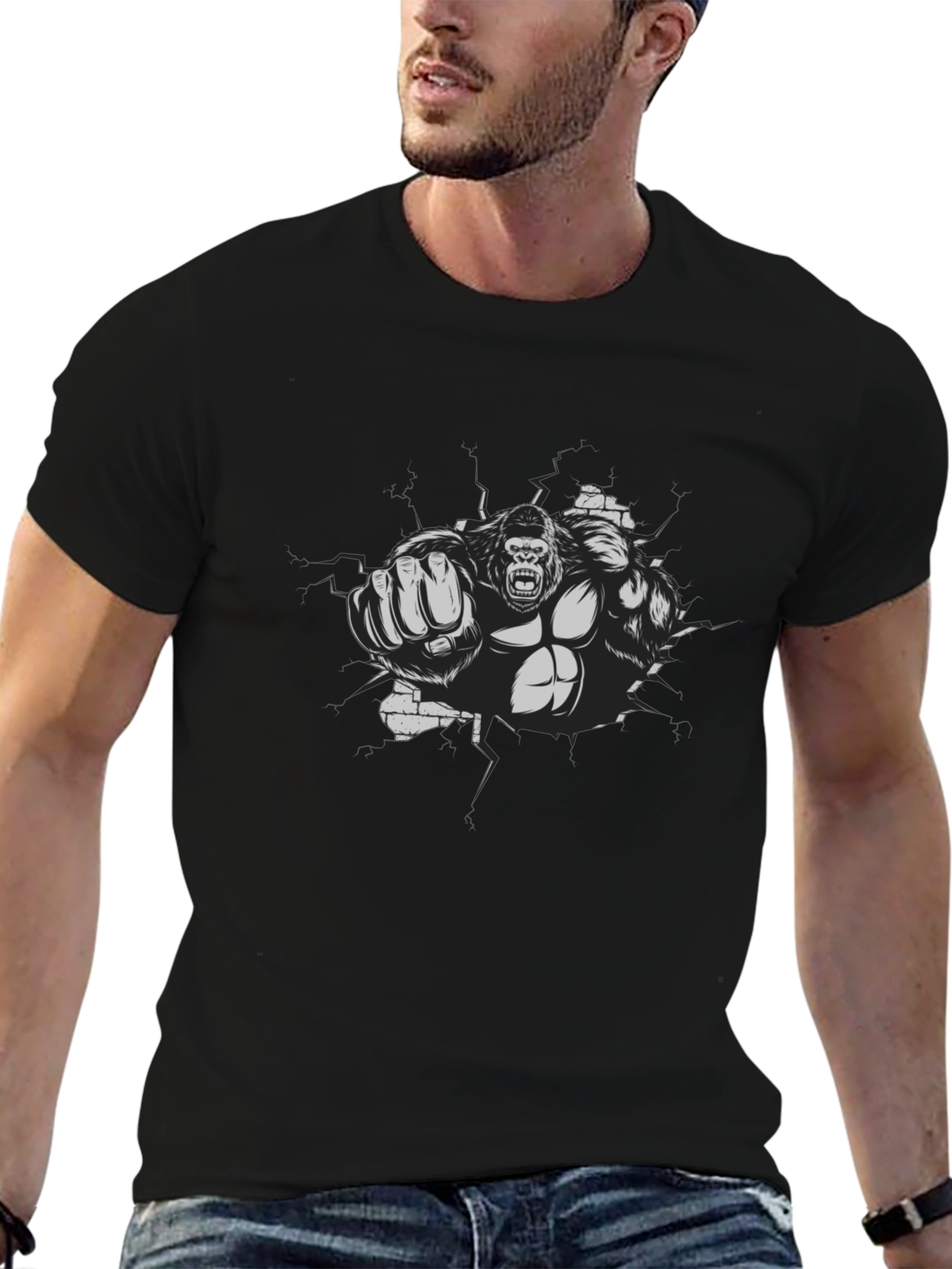 Gorilla Punch Graphic Tee - Black Cotton Shirt