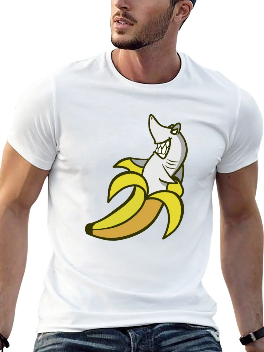 Shark Banana Funny Graphic Tee - Mens Cotton Blend