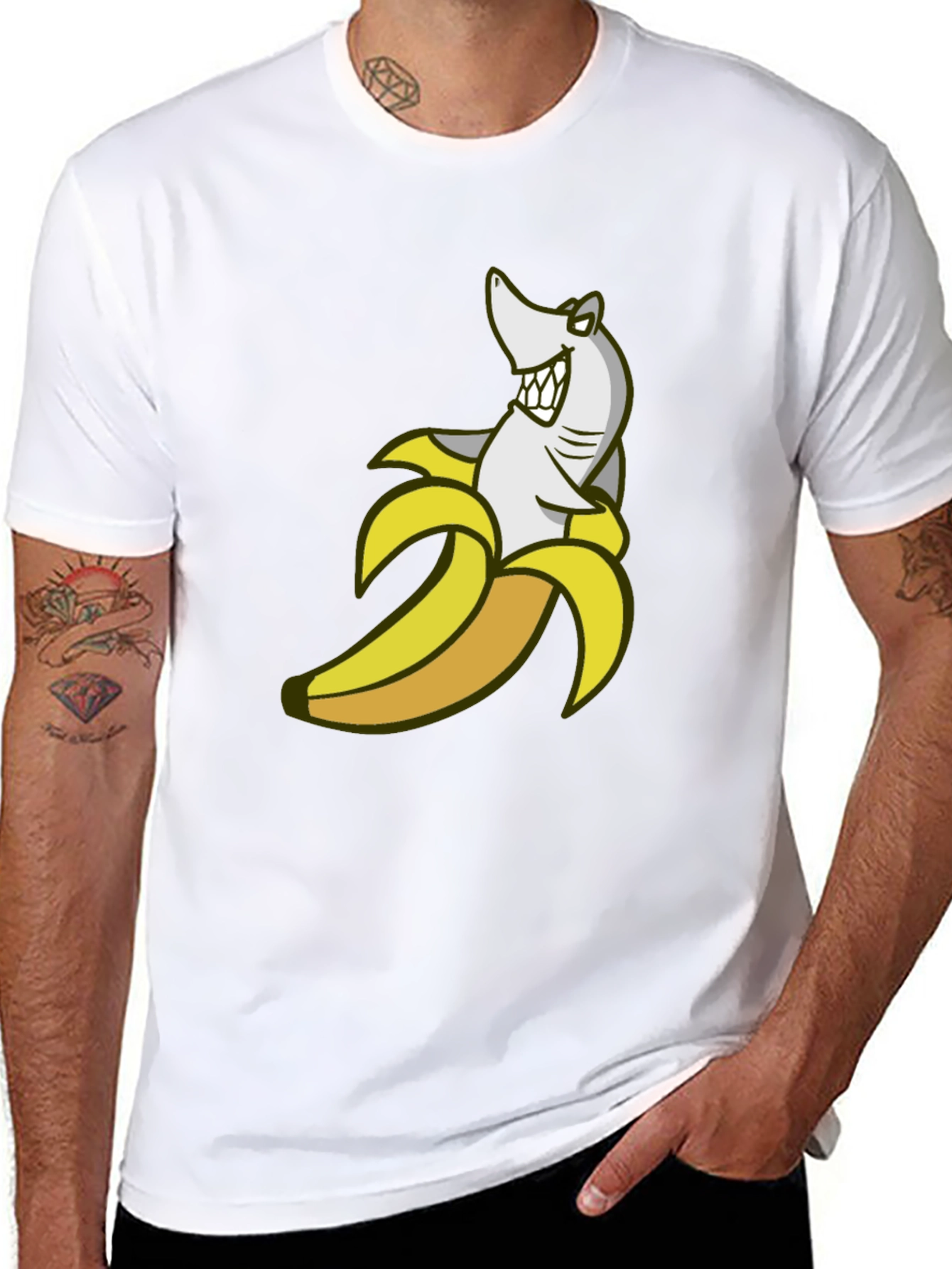 Shark Banana Funny Graphic Tee - Mens Cotton Blend