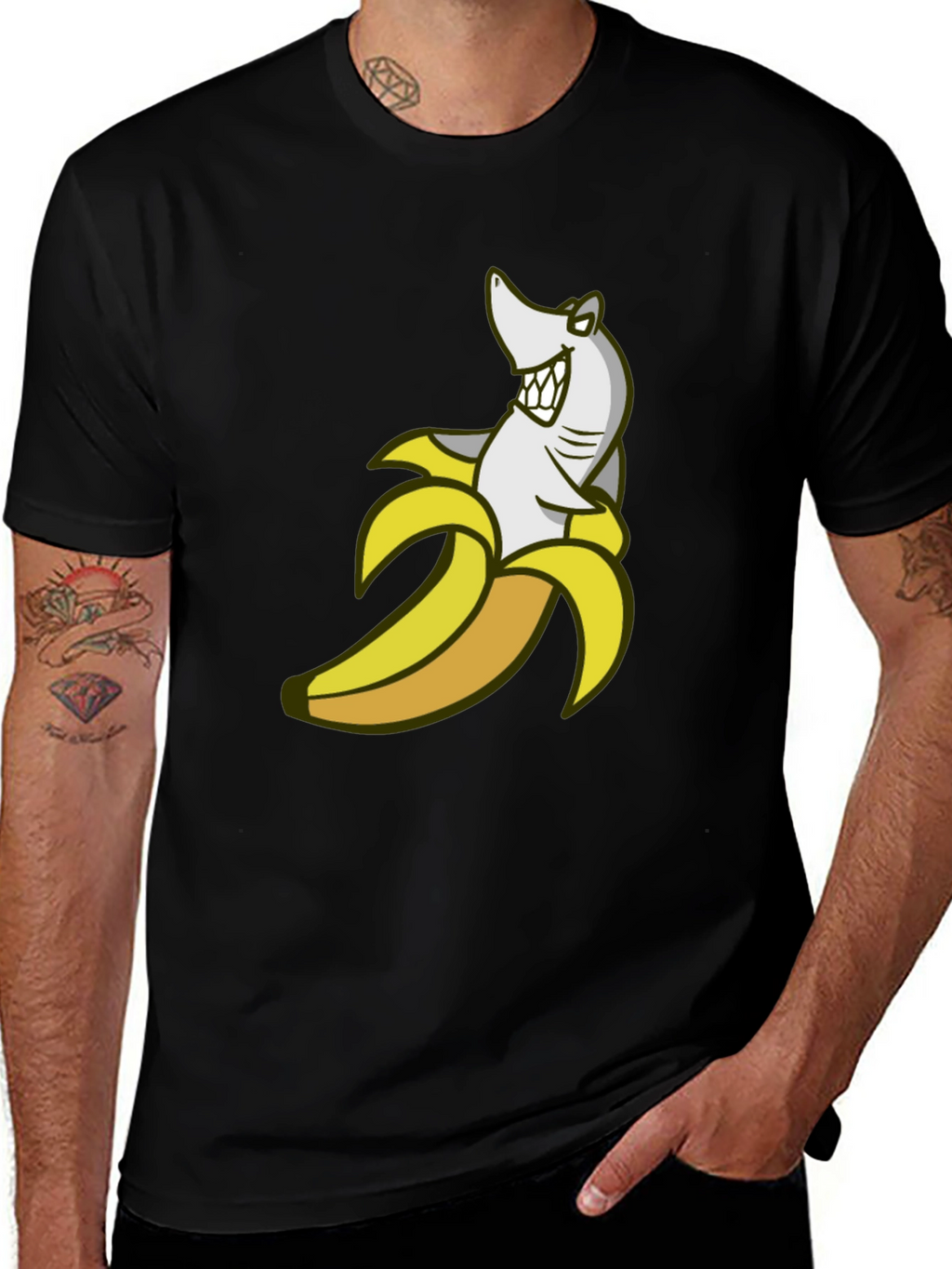 Shark Banana Funny Graphic Tee - Mens Cotton Blend