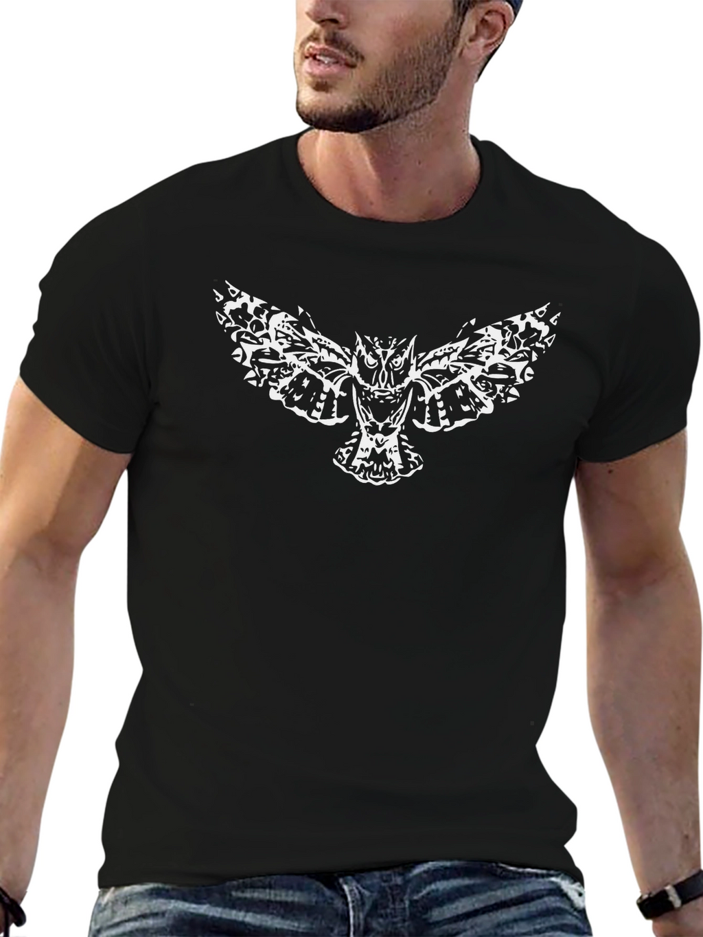 Black T-Shirt with White Owl Graphic