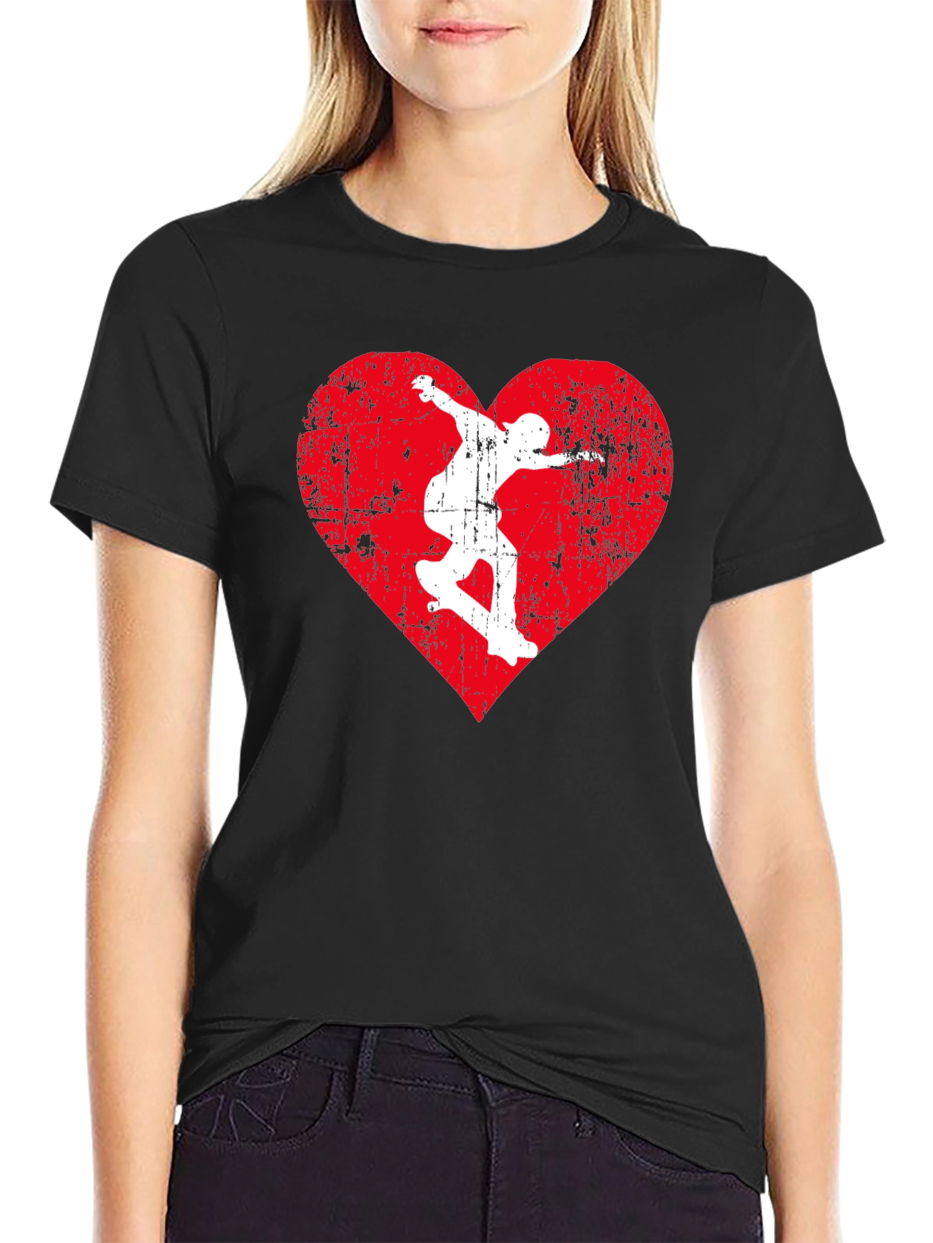 Skateboarding Heart Graphic Tee - Black Cotton
