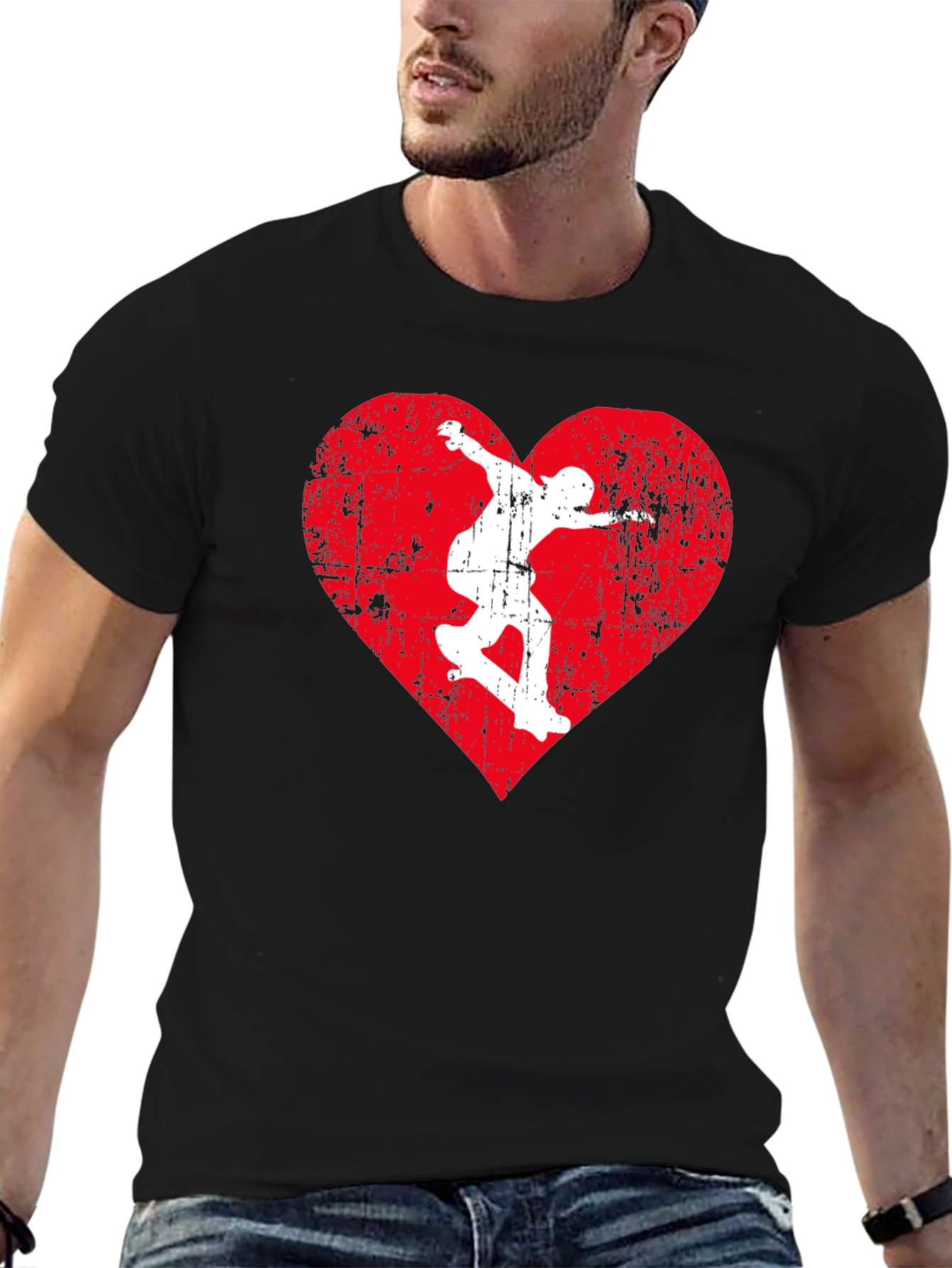Skateboarding Heart Graphic Tee - Black Cotton