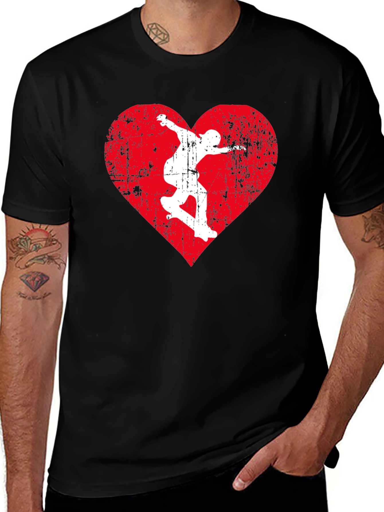 Skateboarding Heart Graphic Tee - Black Cotton