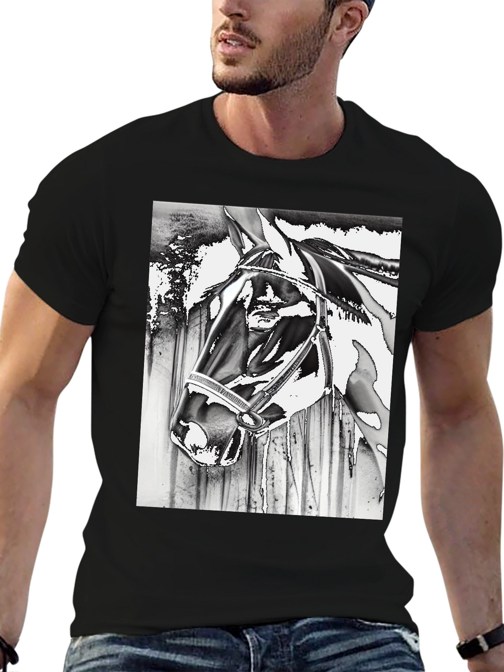 Horse Head Graphic Tee - Black Cotton Blend