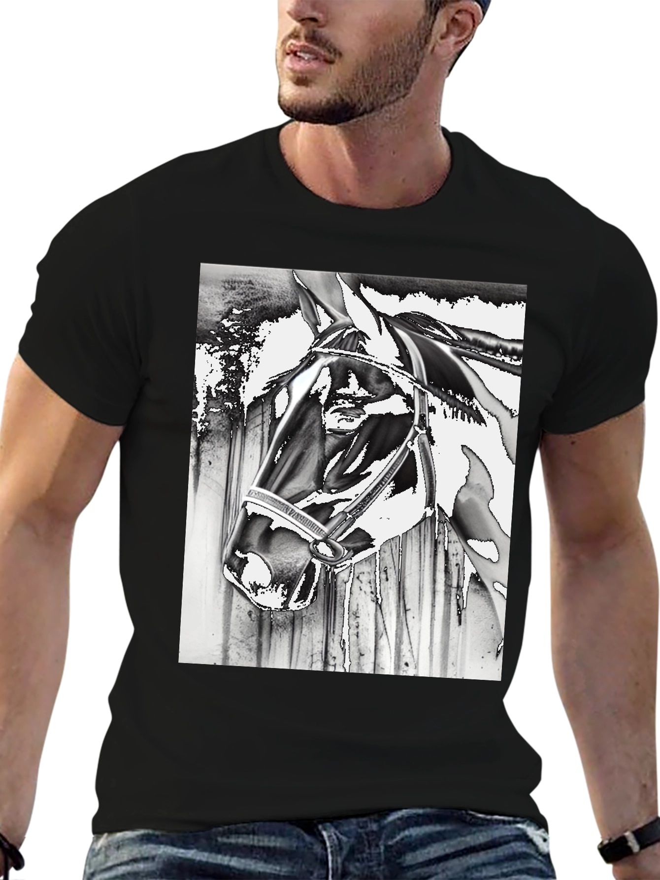 Horse Head Graphic Tee - Black Cotton Blend