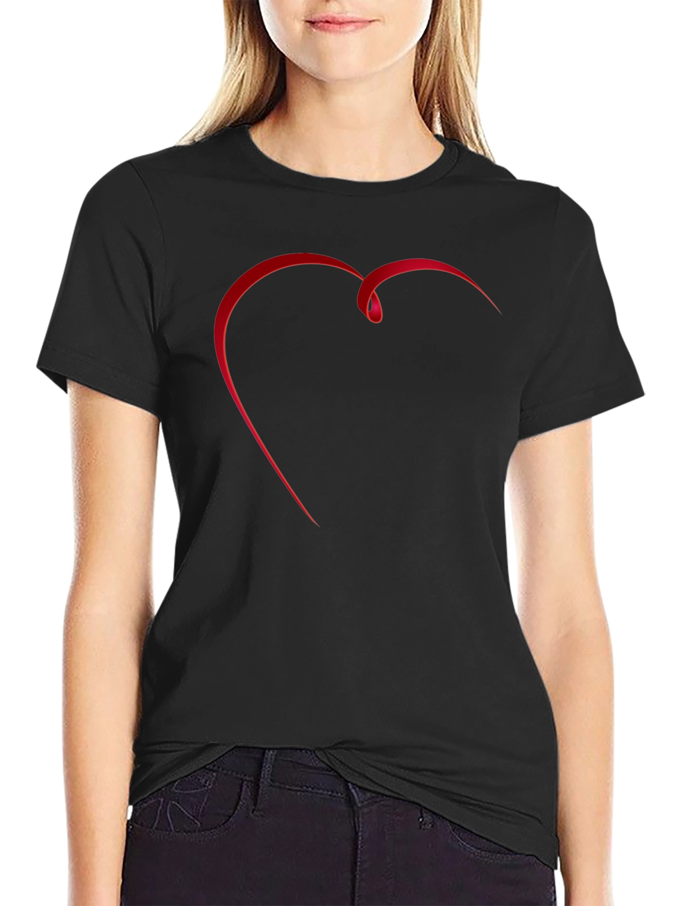 Black T-Shirt with Red Ribbon Heart Graphic