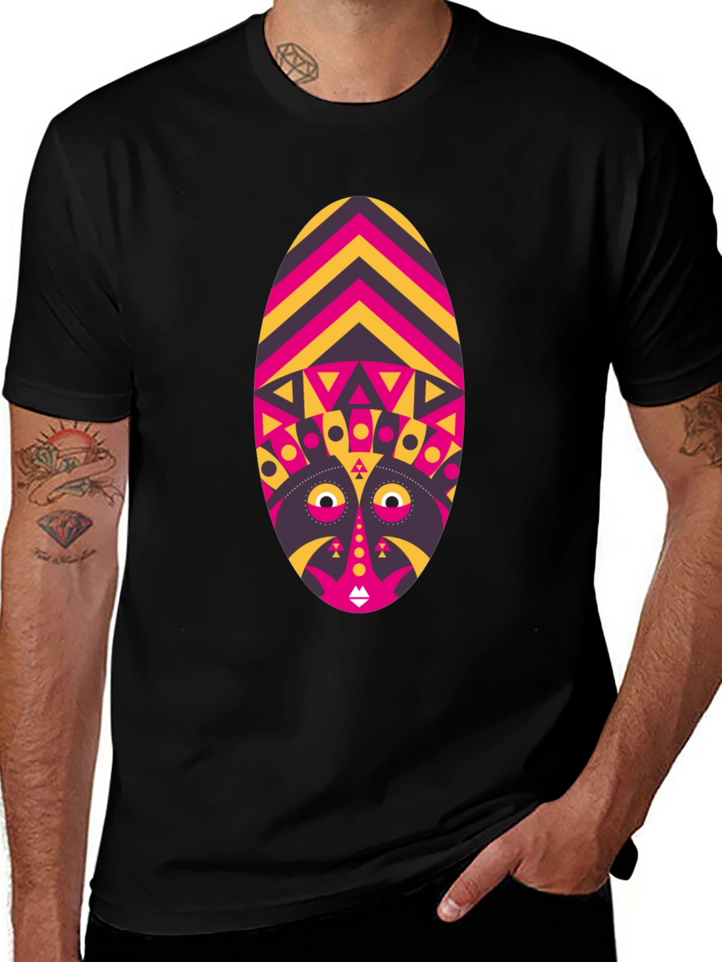 Tribal Mask Graphic Tee - Unique Design