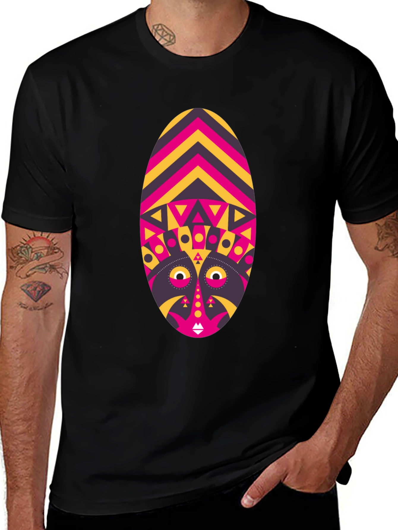 Tribal Mask Graphic Tee - Unique Design